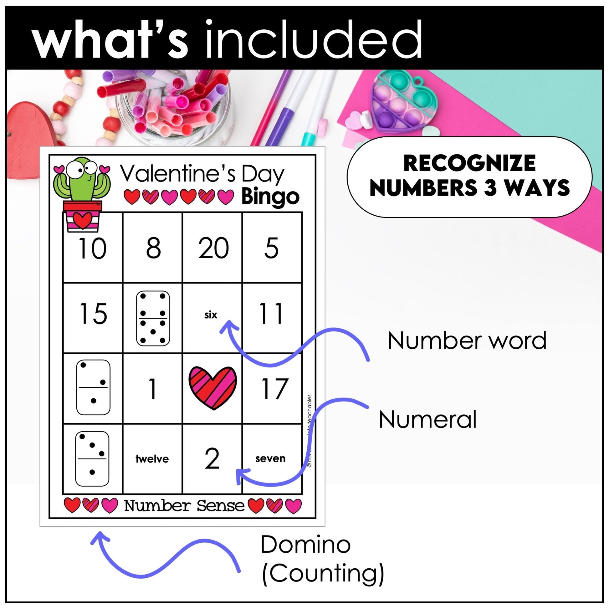 Valentine's Day Number Sense Bingo | Number Recognition from 1 to 20 - Hot Chocolate Teachables