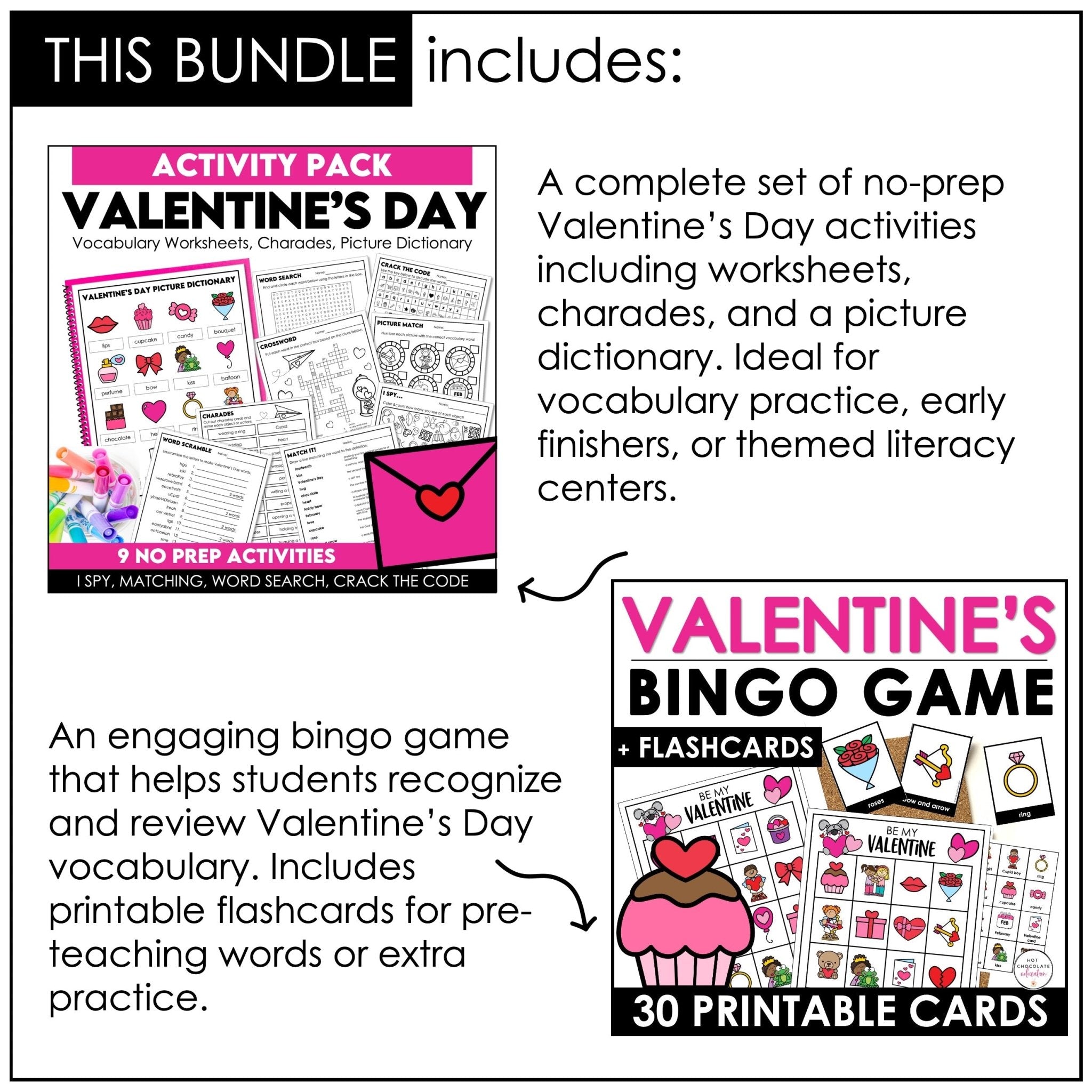 Valentine's Day Party Games & Activity Bundle - February Grammar & Vocabulary - Hot Chocolate Teachables