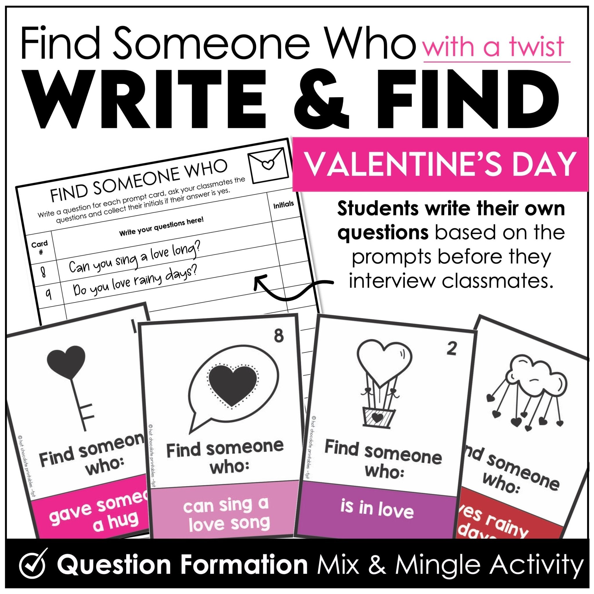 Valentine's Day Speaking Activity - Present & Past Simple Find Someone Who - Hot Chocolate Teachables