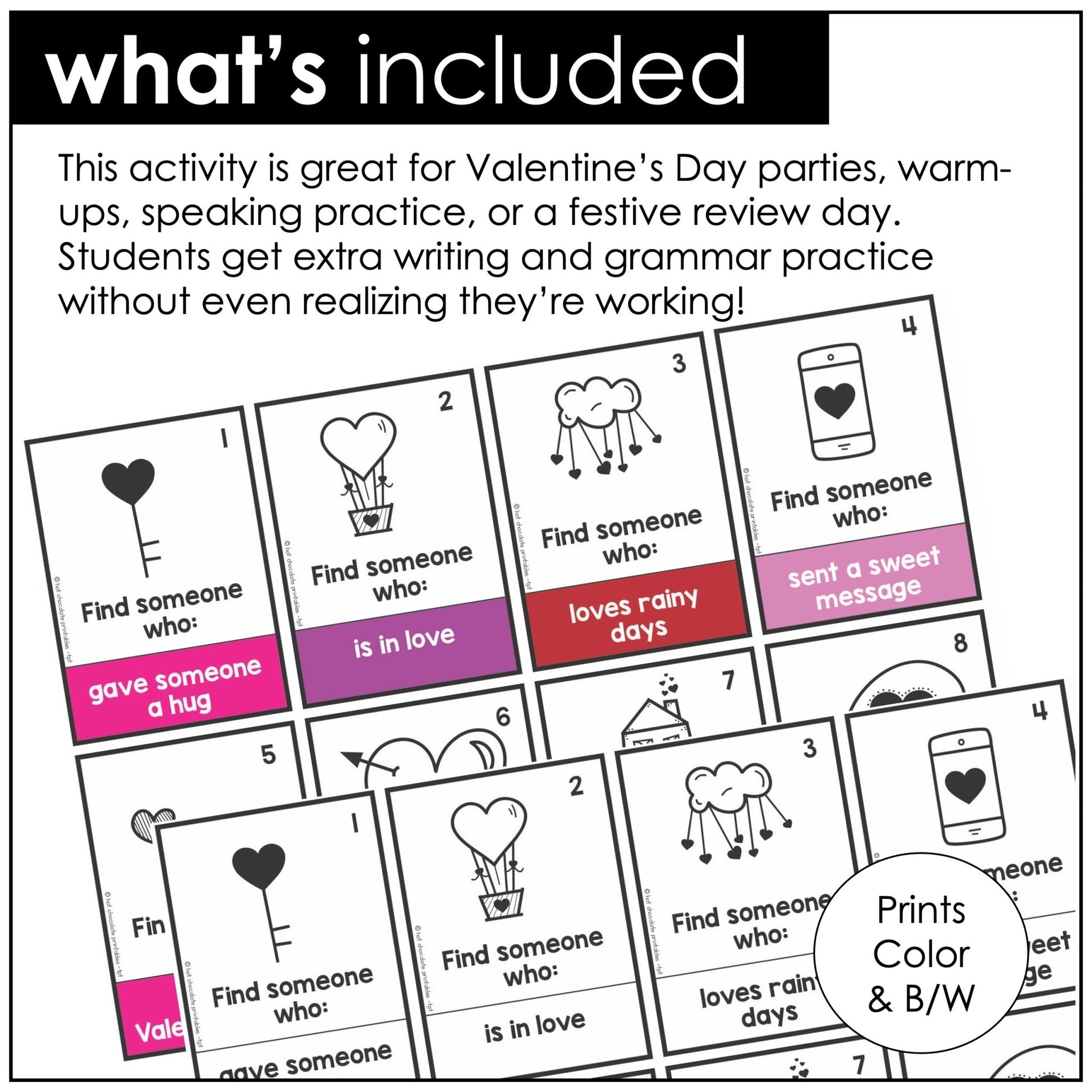 Valentine's Day Speaking Activity - Present & Past Simple Find Someone Who - Hot Chocolate Teachables