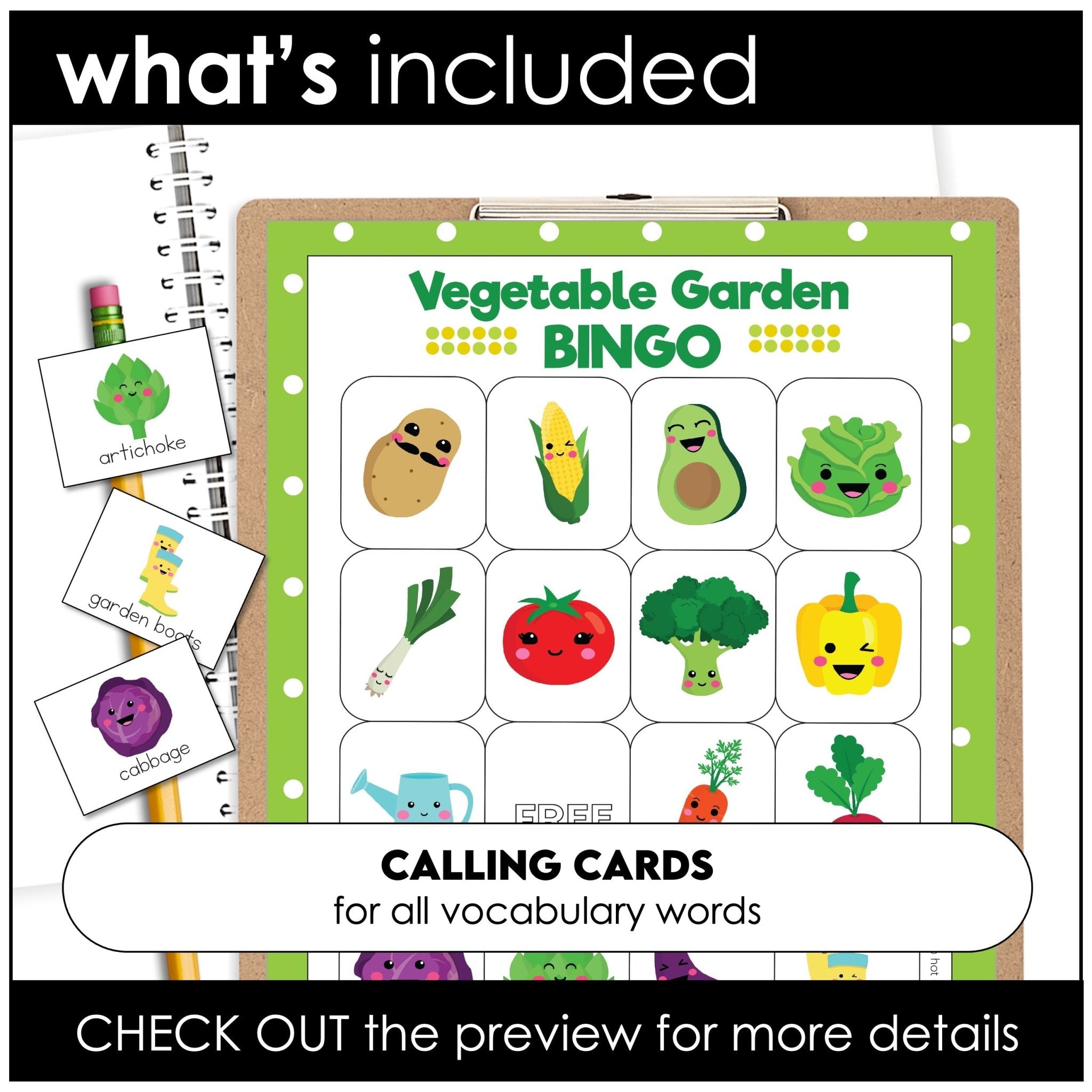 Vegetable Garden Vocabulary Bingo Game + Flashcards - Hot Chocolate Teachables