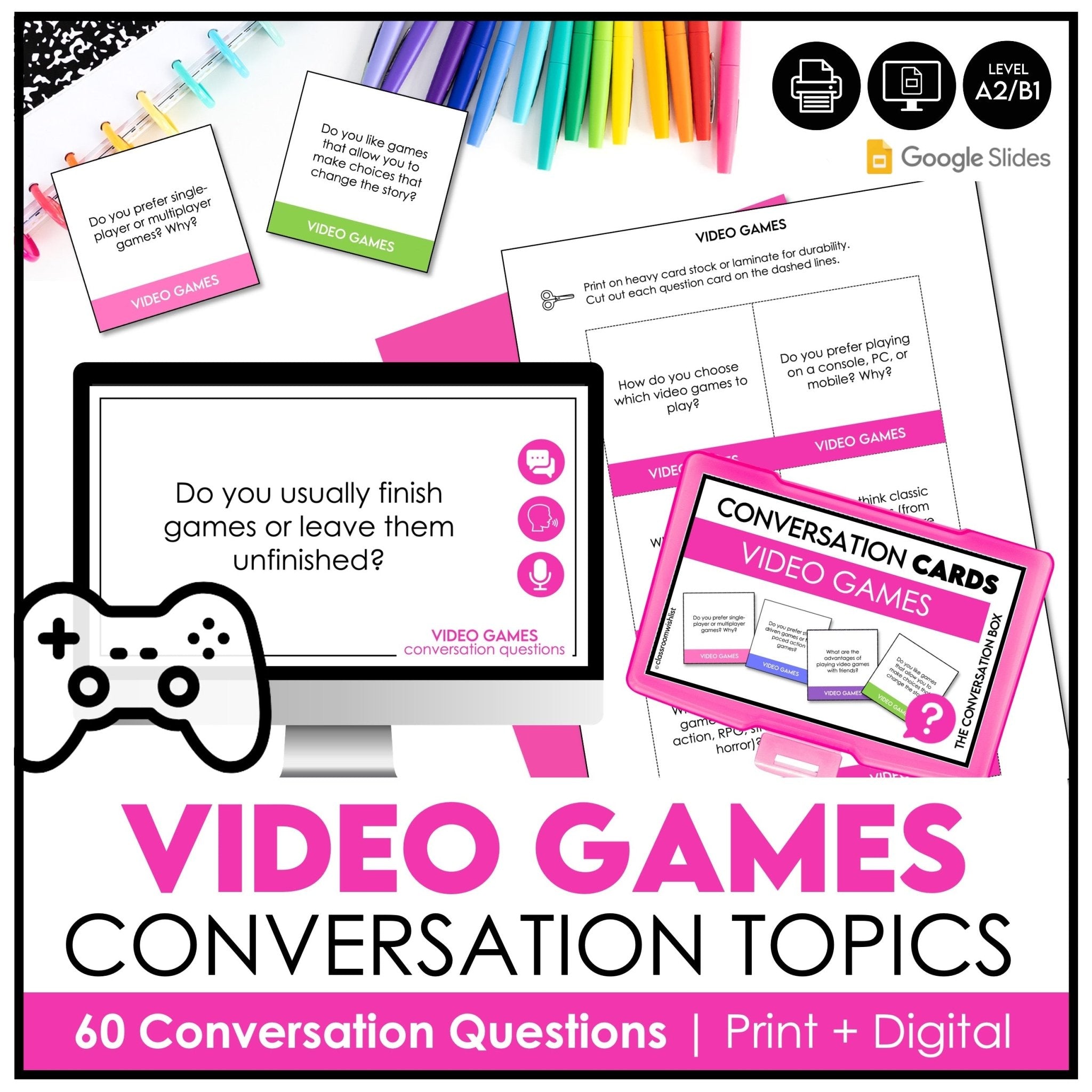 Video Games Conversation Cards | 60 ESL Question Prompts | Middle & High School - Hot Chocolate Teachables