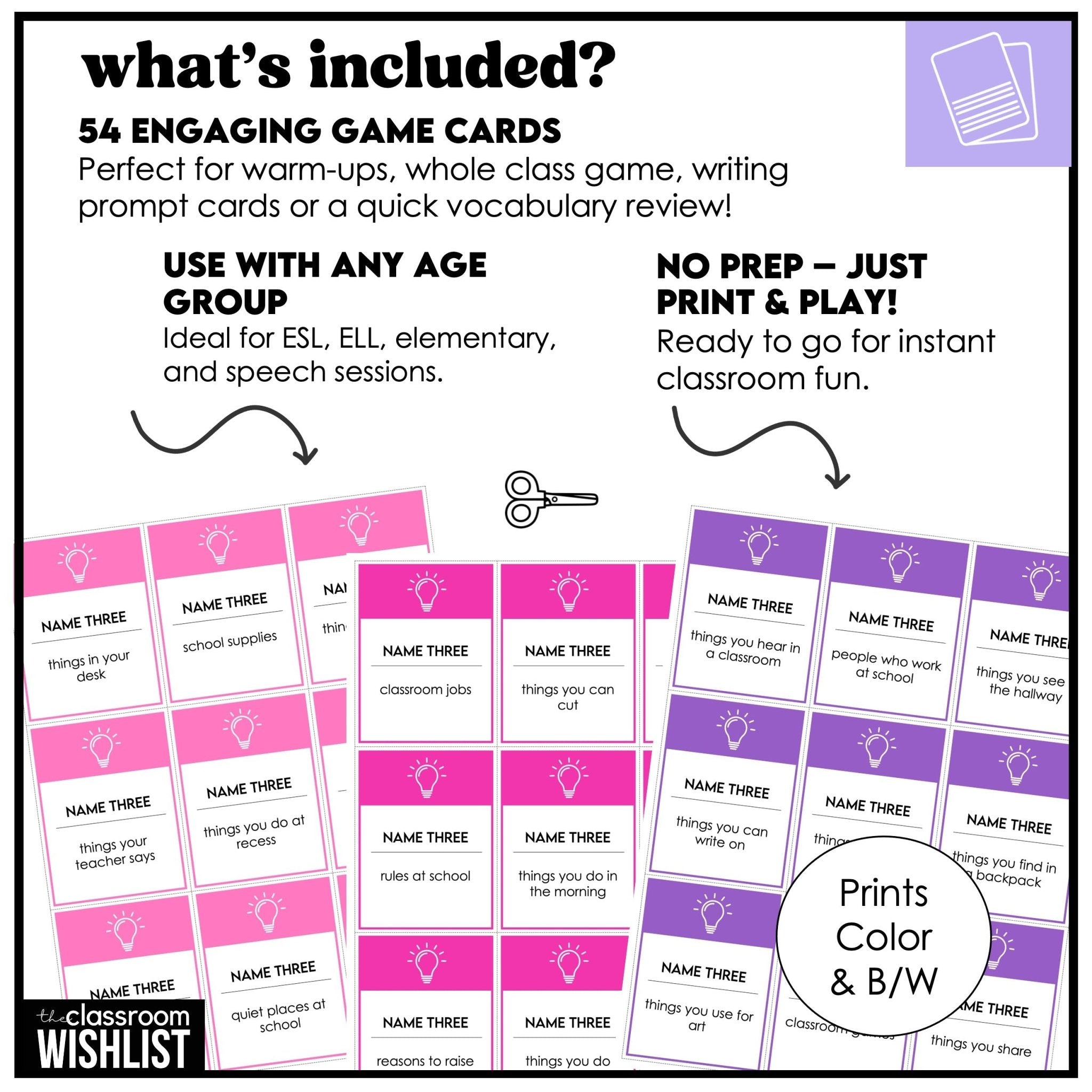 Vocabulary Building Speaking Card Game | Name 3 Things Prompts ESL, ELL, Speech - Hot Chocolate Teachables