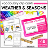 Weather and Seasons Vocabulary CLIP CARD matching activity task cards - Hot Chocolate Teachables