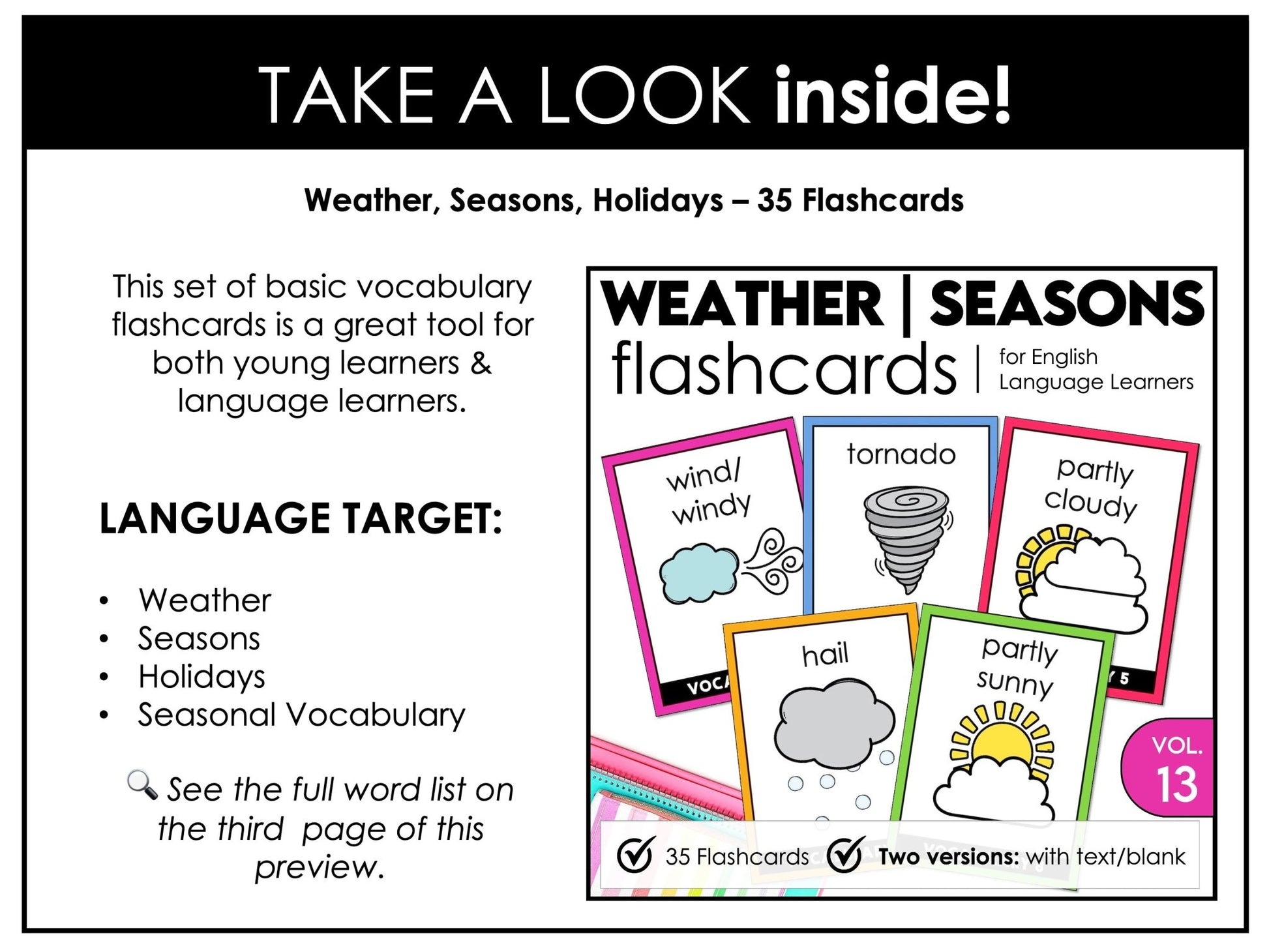 Weather & Seasonal Vocabulary Flash cards | ESL Task Cards - Holidays - Hot Chocolate Teachables