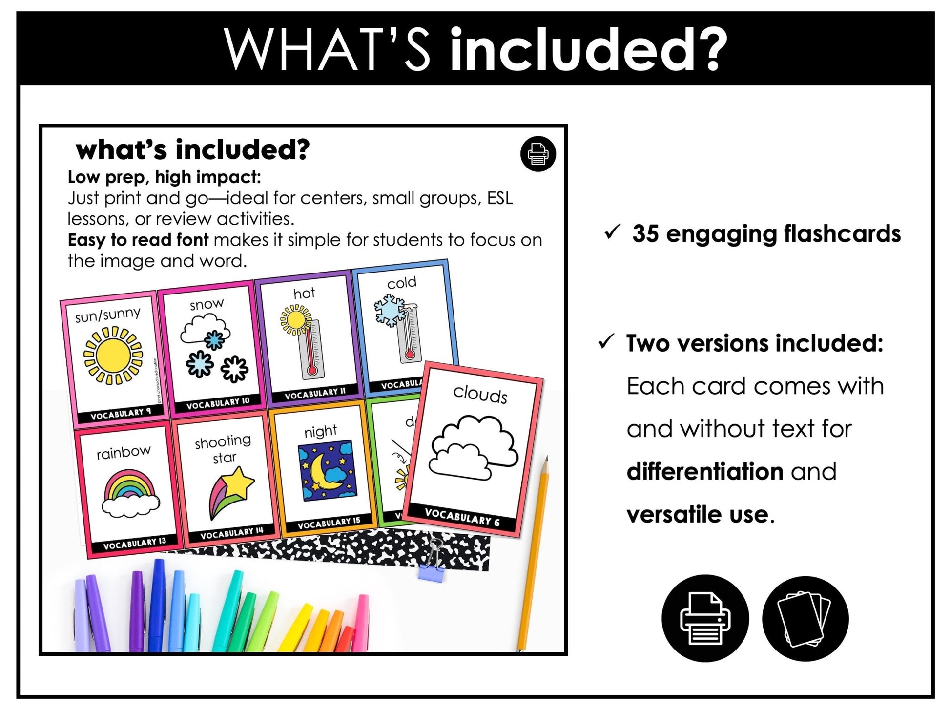 Weather & Seasonal Vocabulary Flash cards | ESL Task Cards - Holidays - Hot Chocolate Teachables