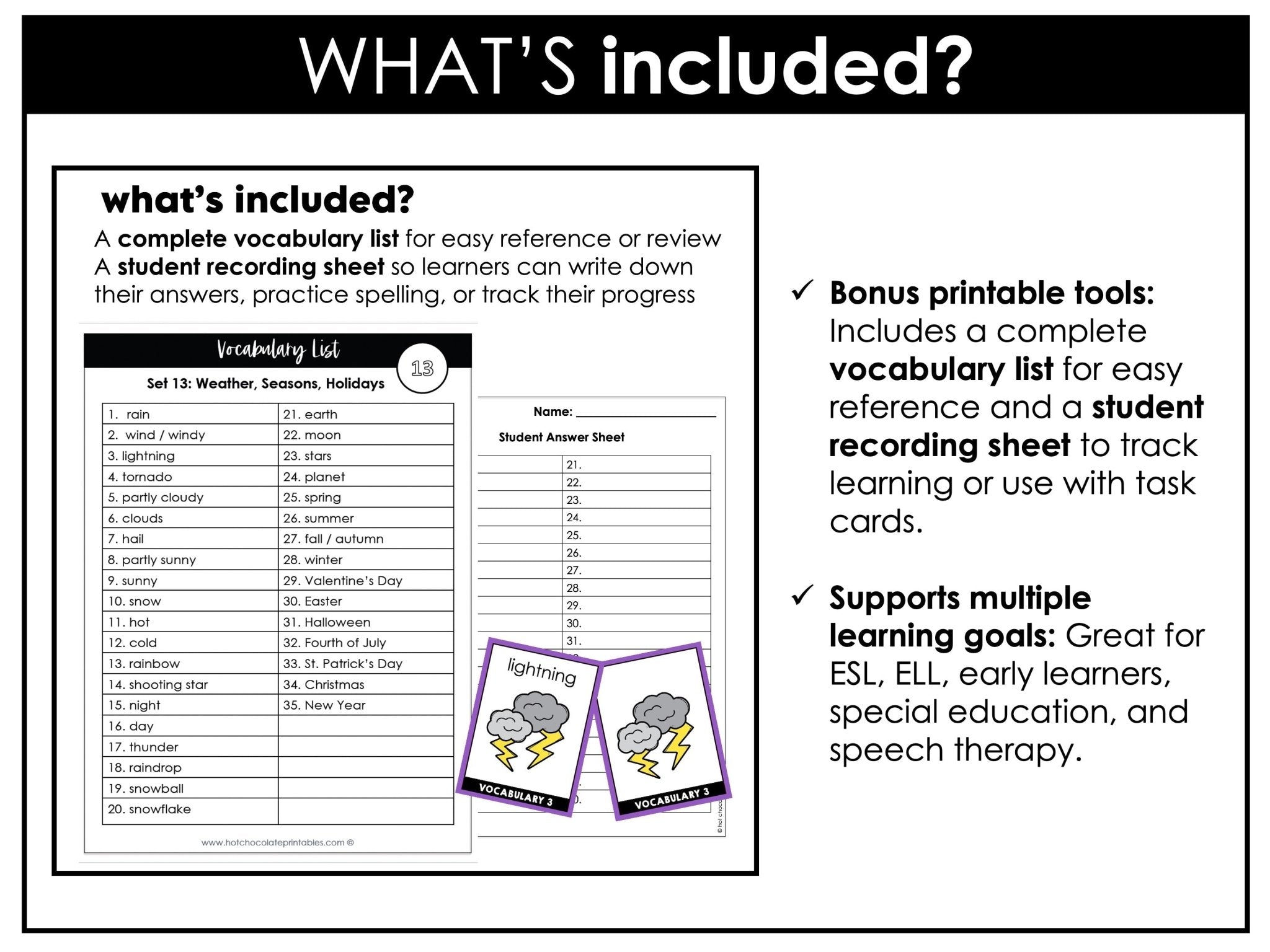 Weather & Seasonal Vocabulary Flash cards | ESL Task Cards - Holidays - Hot Chocolate Teachables
