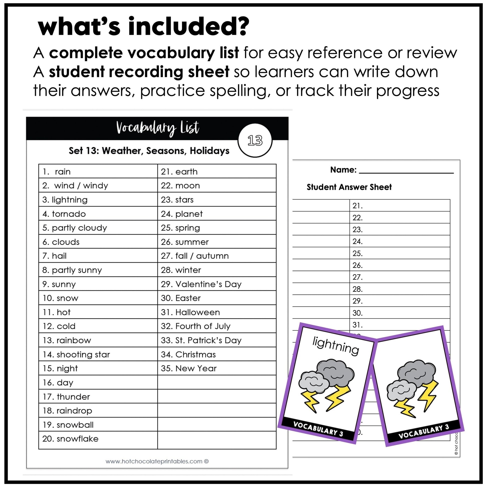 Weather & Seasonal Vocabulary Flash cards | ESL Task Cards - Holidays - Hot Chocolate Teachables