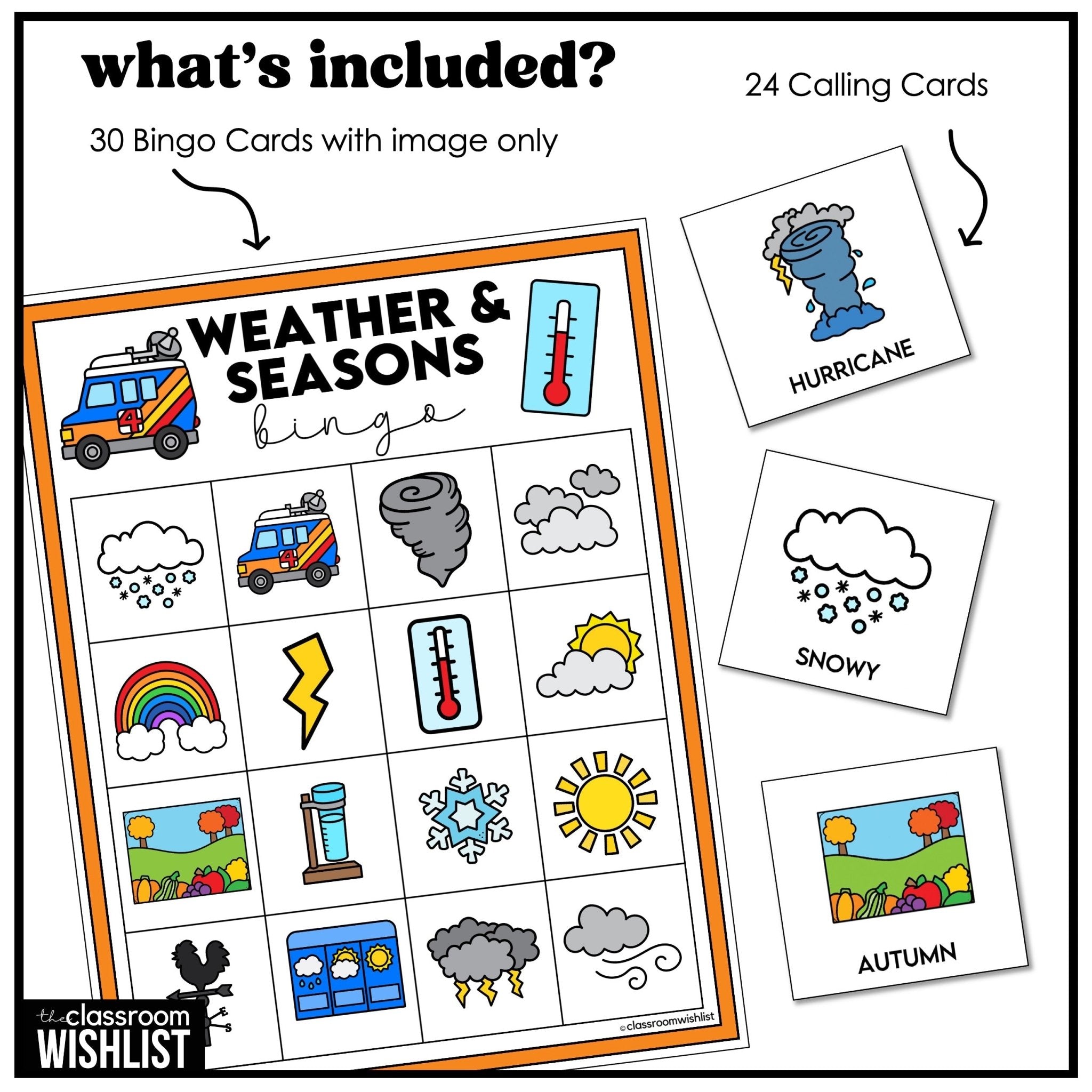Weather & Seasons Vocabulary Bingo | ESL, ELL, and ELA Classroom Game - Hot Chocolate Teachables