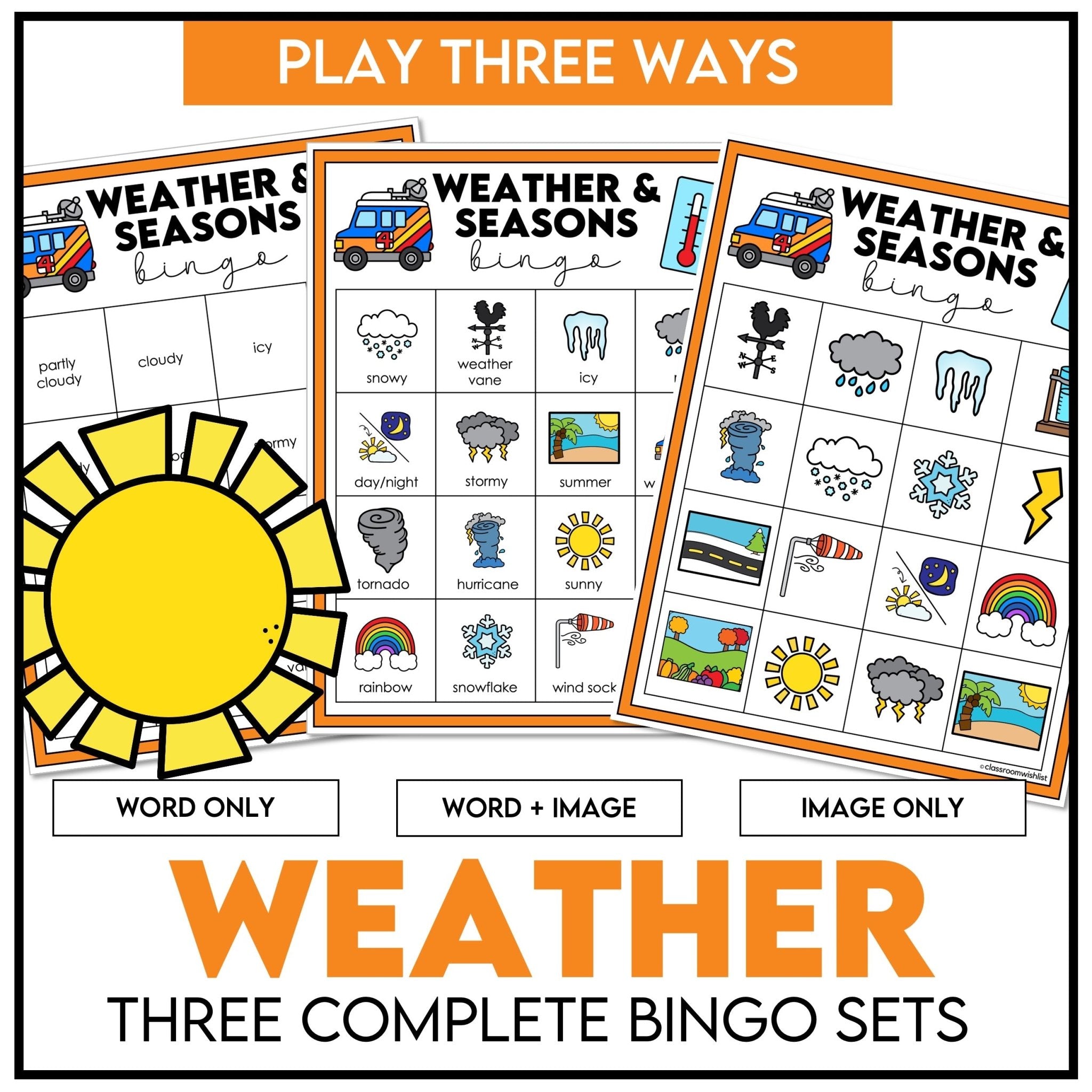 Weather & Seasons Vocabulary Bingo | ESL, ELL, and ELA Classroom Game - Hot Chocolate Teachables