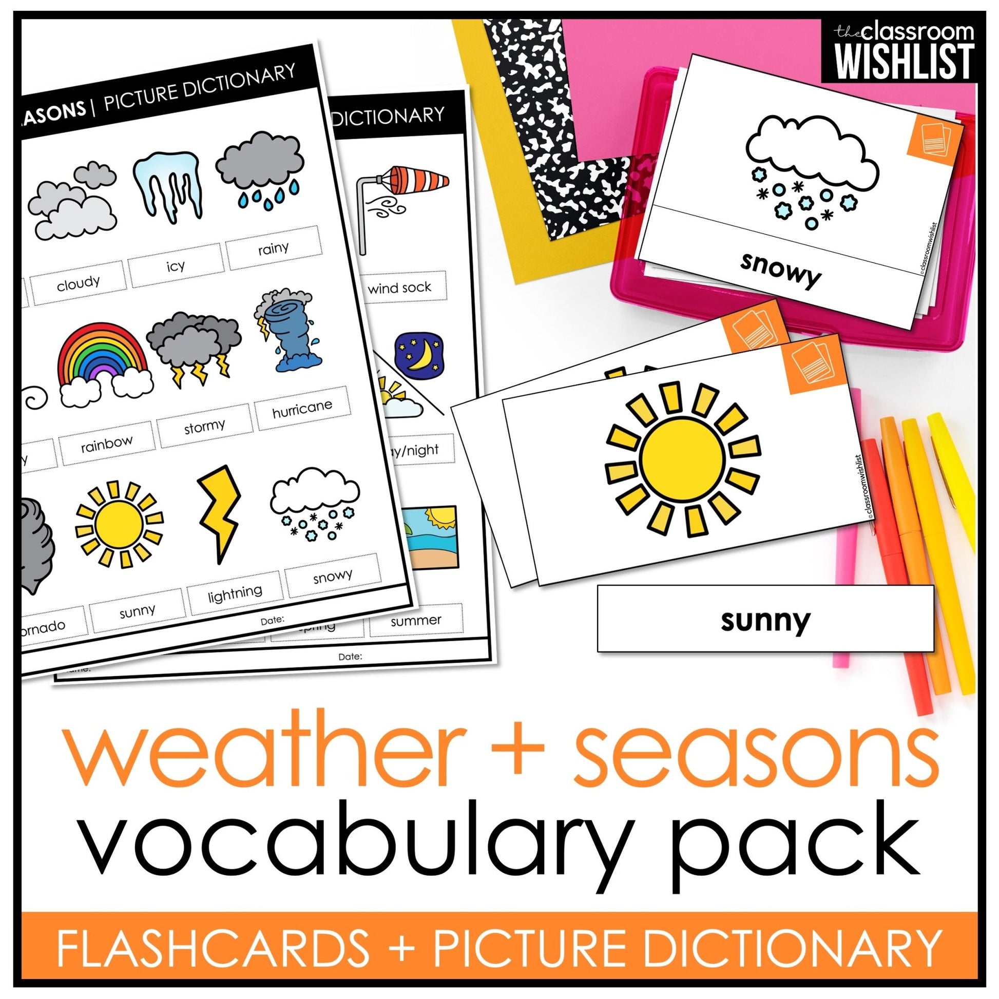 Weather & Seasons Vocabulary ESL Flashcard Pack: Flash Cards & Visual Dictionary - Hot Chocolate Teachables