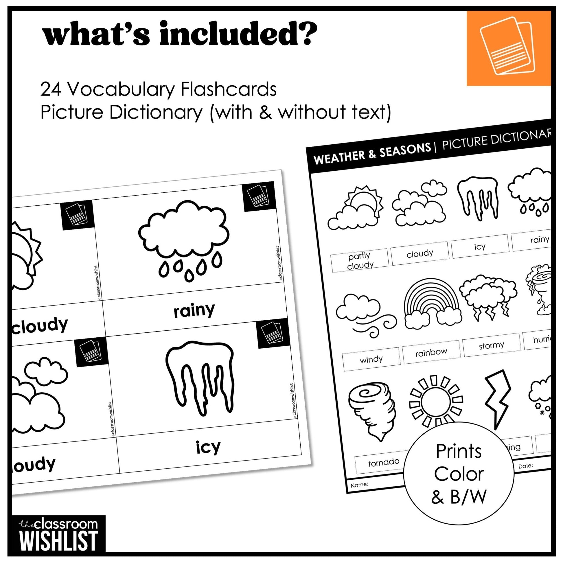 Weather & Seasons Vocabulary ESL Flashcard Pack: Flash Cards & Visual Dictionary - Hot Chocolate Teachables