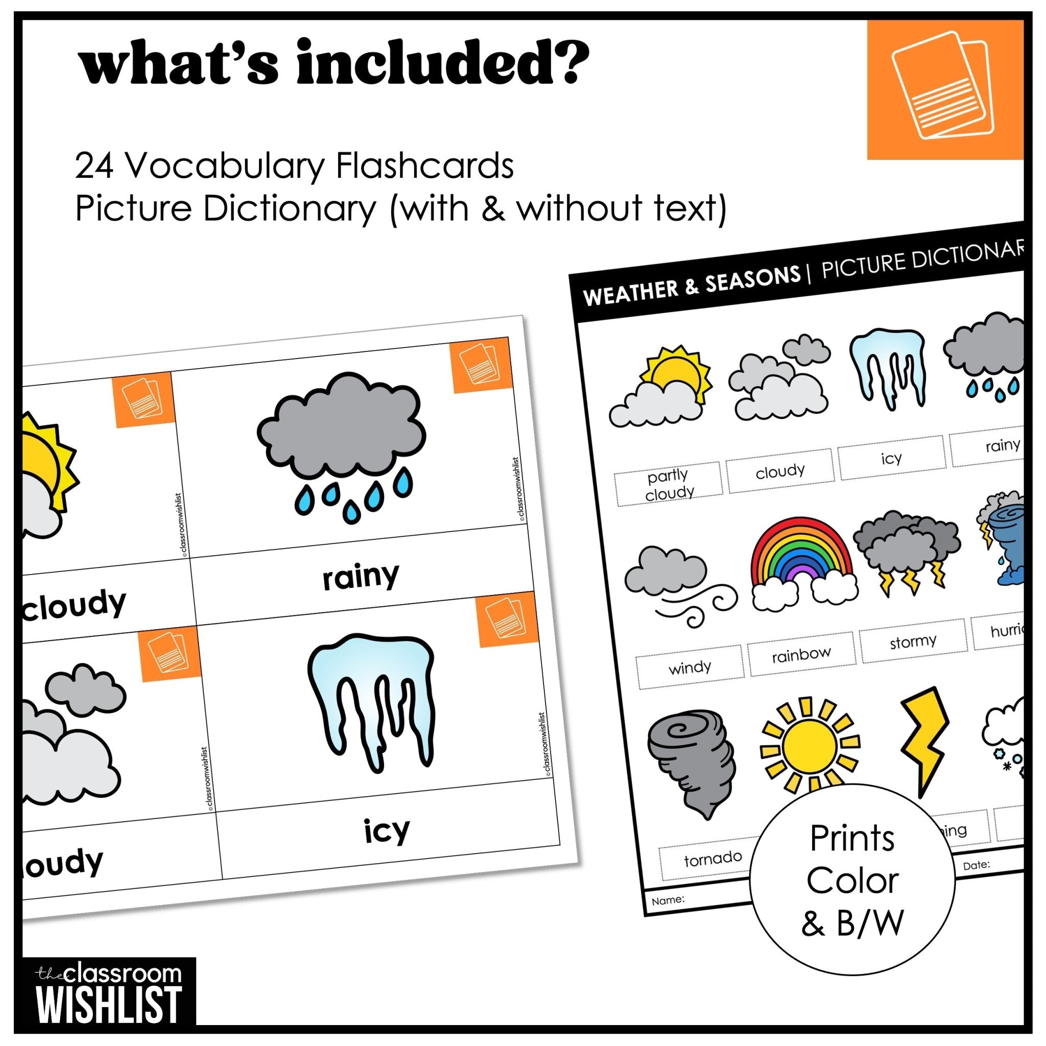 Weather & Seasons Vocabulary ESL Flashcard Pack: Flash Cards & Visual Dictionary - Hot Chocolate Teachables