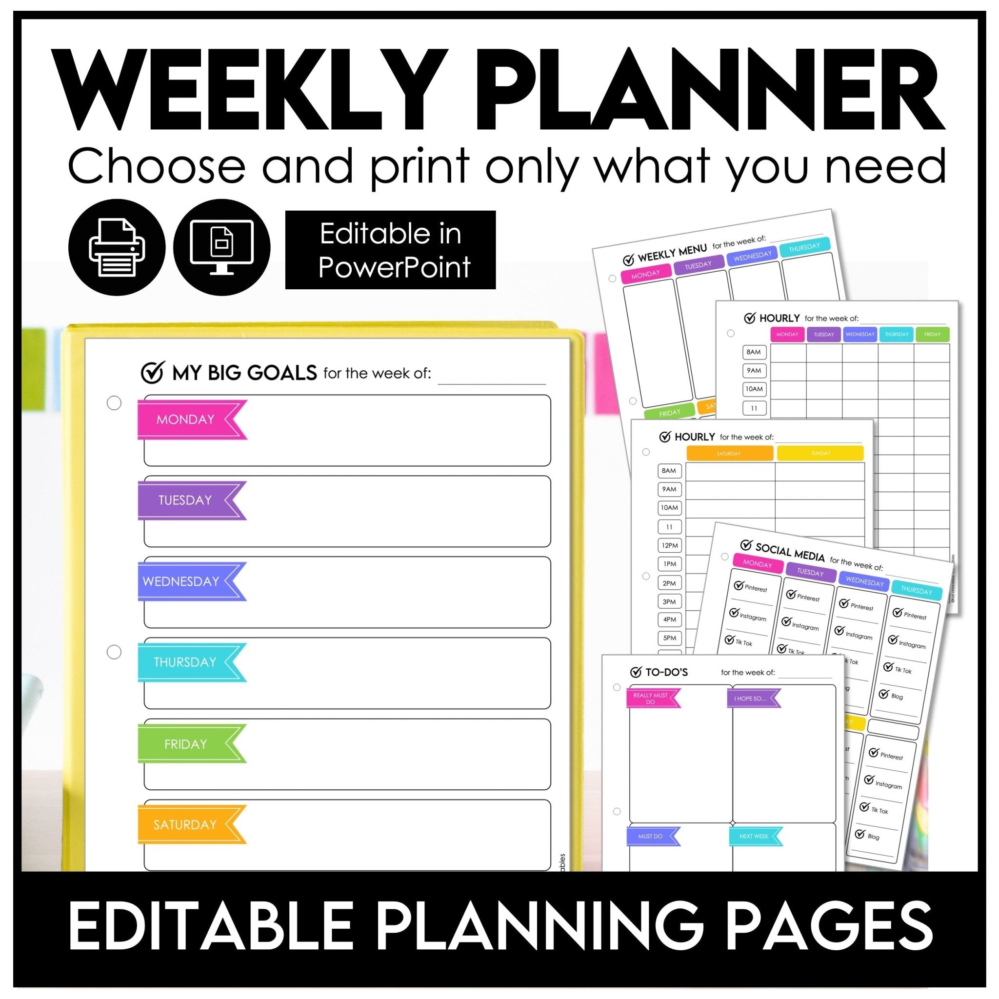 Weekly Planner, Menu, Goal Setting and Social Media Tracker Set - Editable - Hot Chocolate Teachables