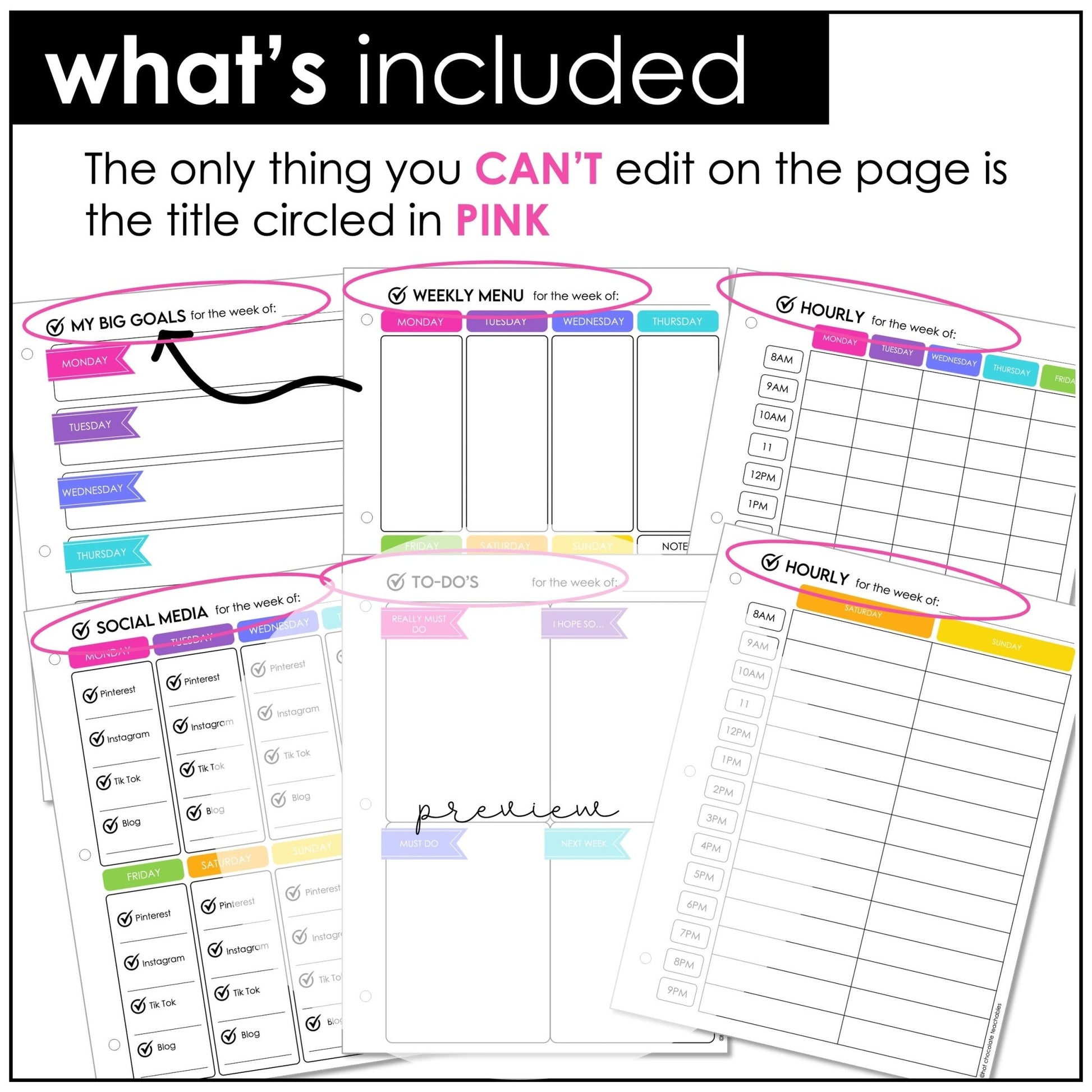 Weekly Planner, Menu, Goal Setting and Social Media Tracker Set - Editable - Hot Chocolate Teachables