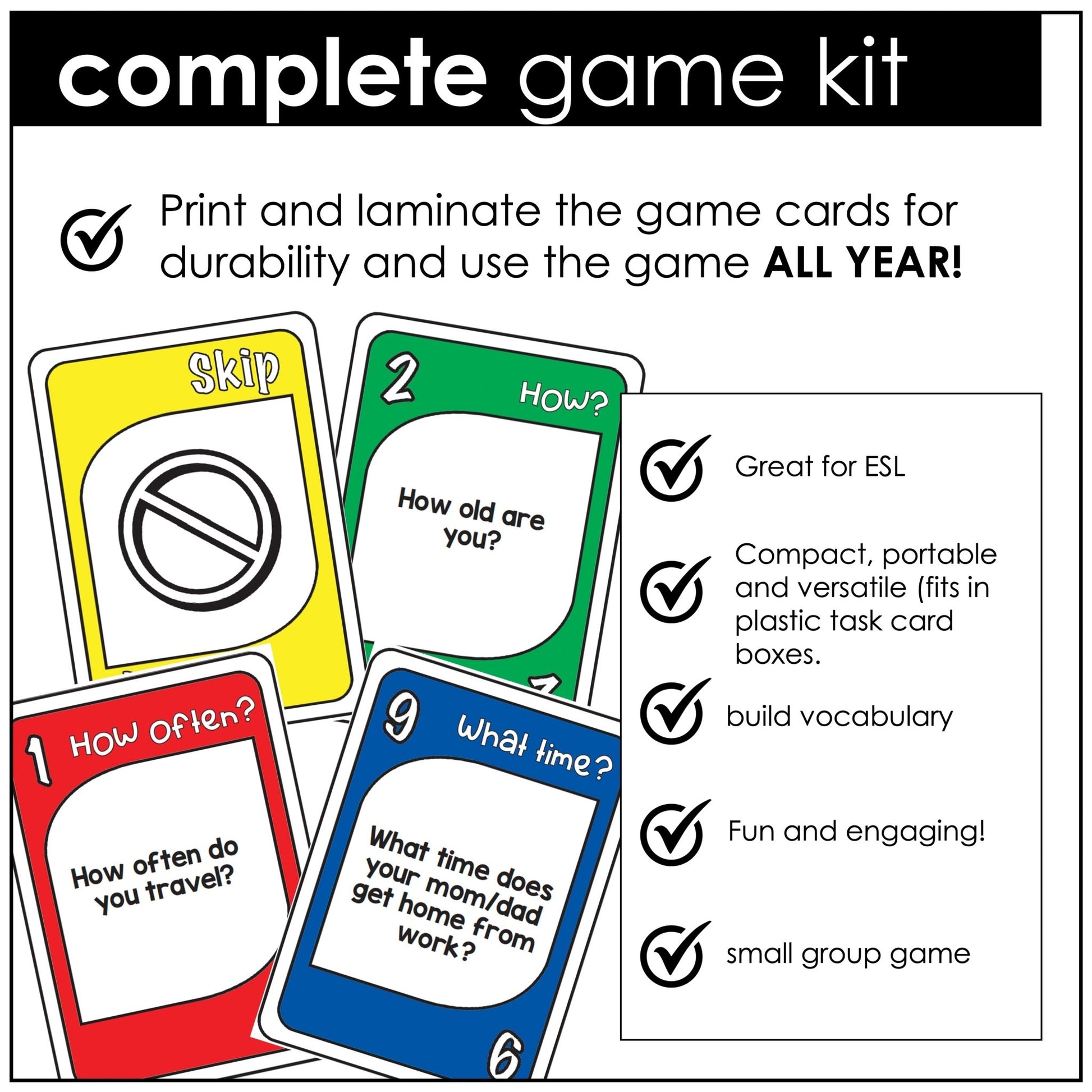 WH Question Card Game - How often, Who, What time? - Hot Chocolate Teachables