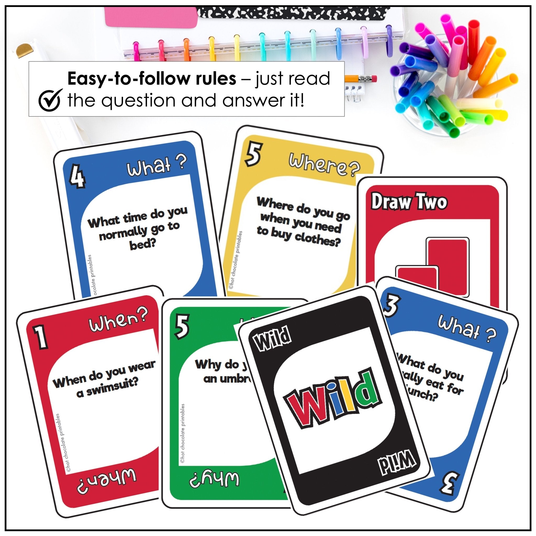 WH Question Card Game - What, When, Where & Why - Hot Chocolate Teachables