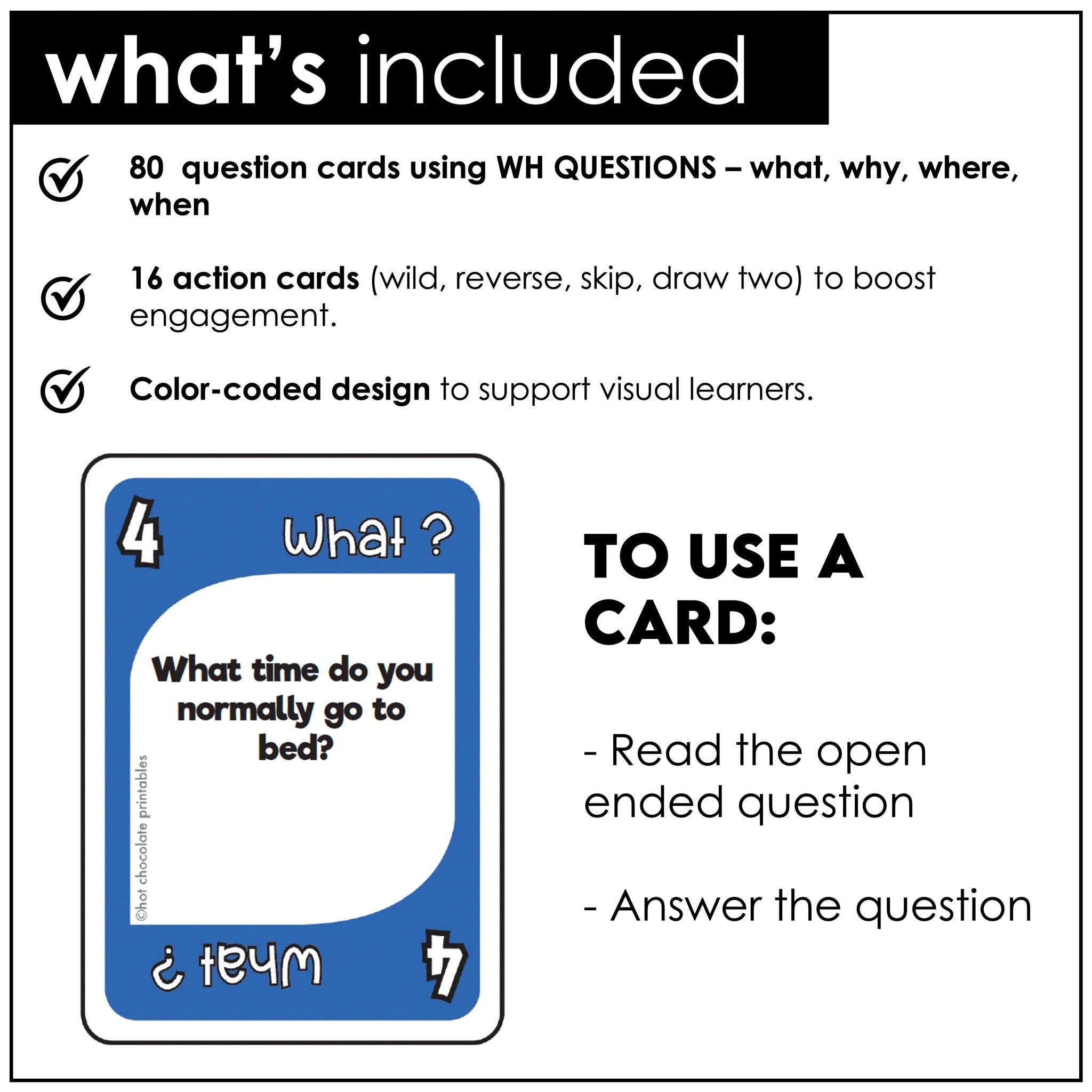 WH Question Card Game - What, When, Where & Why - Hot Chocolate Teachables