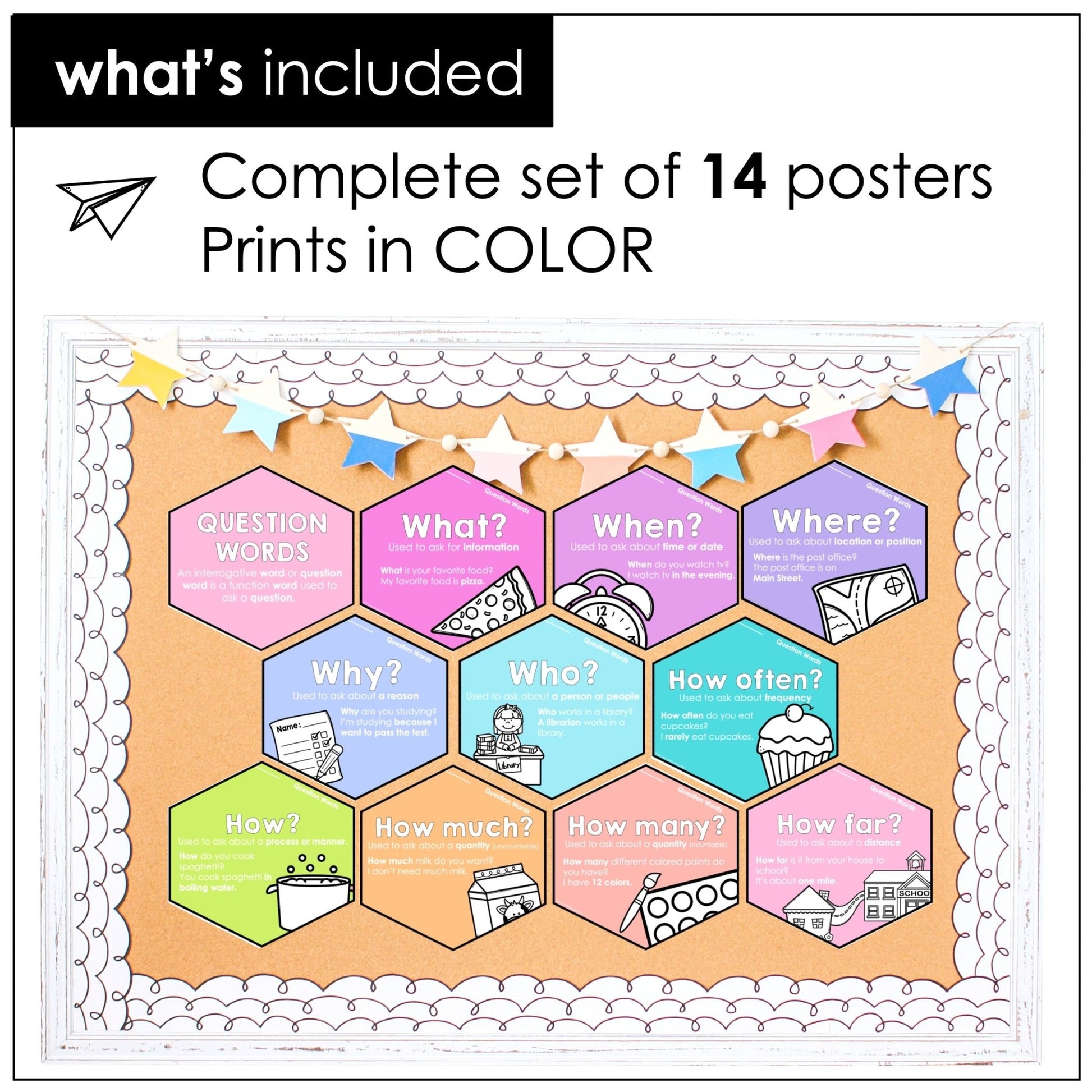WH Question Word Posters – Pastel ESL Grammar Bulletin Board - Hot Chocolate Teachables