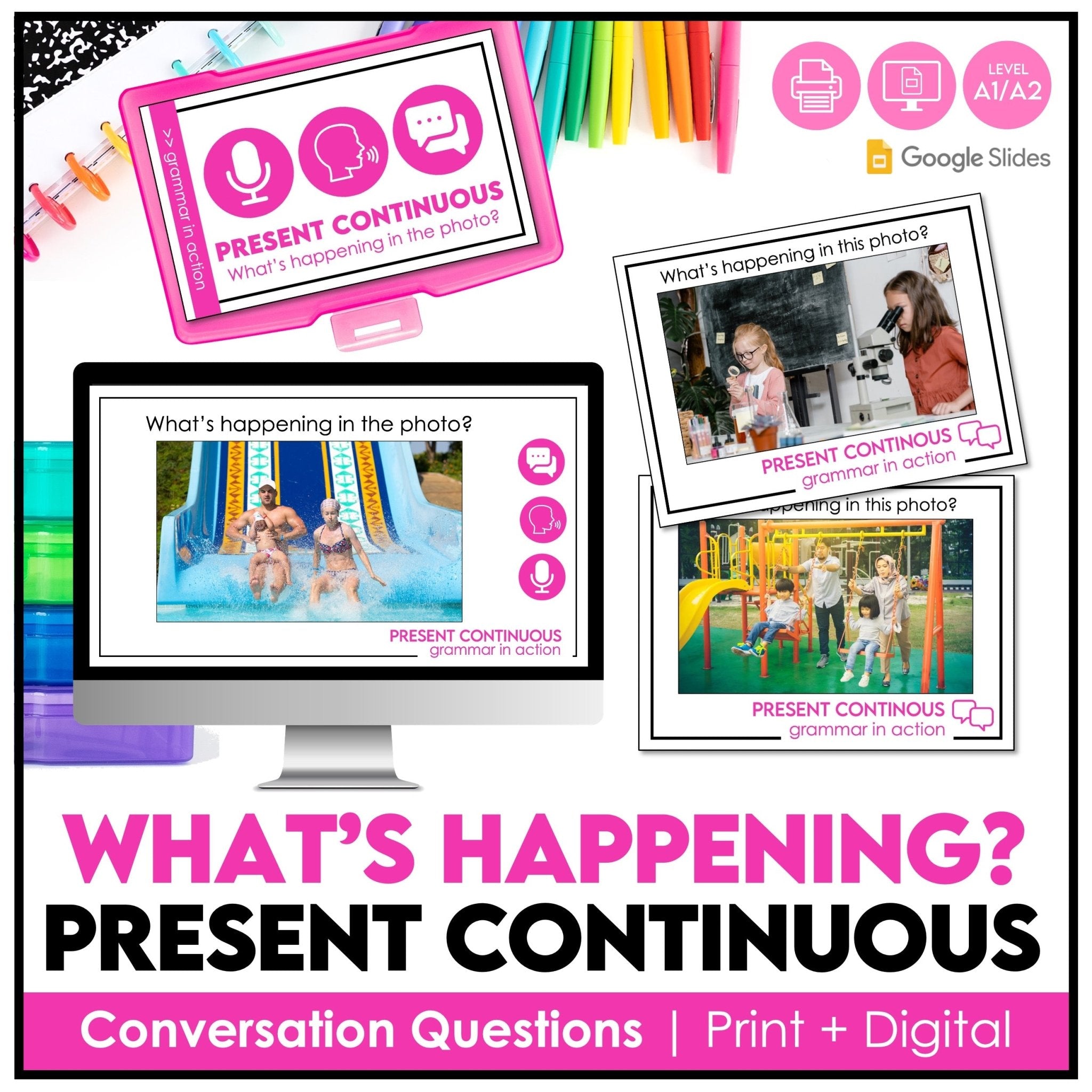 What’s Happening? Present Continuous Picture Scenes | ESL Speaking Practice - Hot Chocolate Teachables