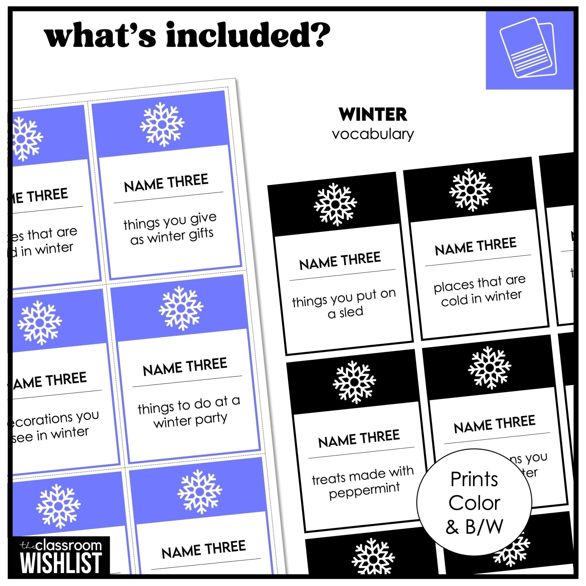 Winter Vocabulary Card Game for ESL | Name 3 Things | Speaking & Brainstorming Game - Hot Chocolate Teachables