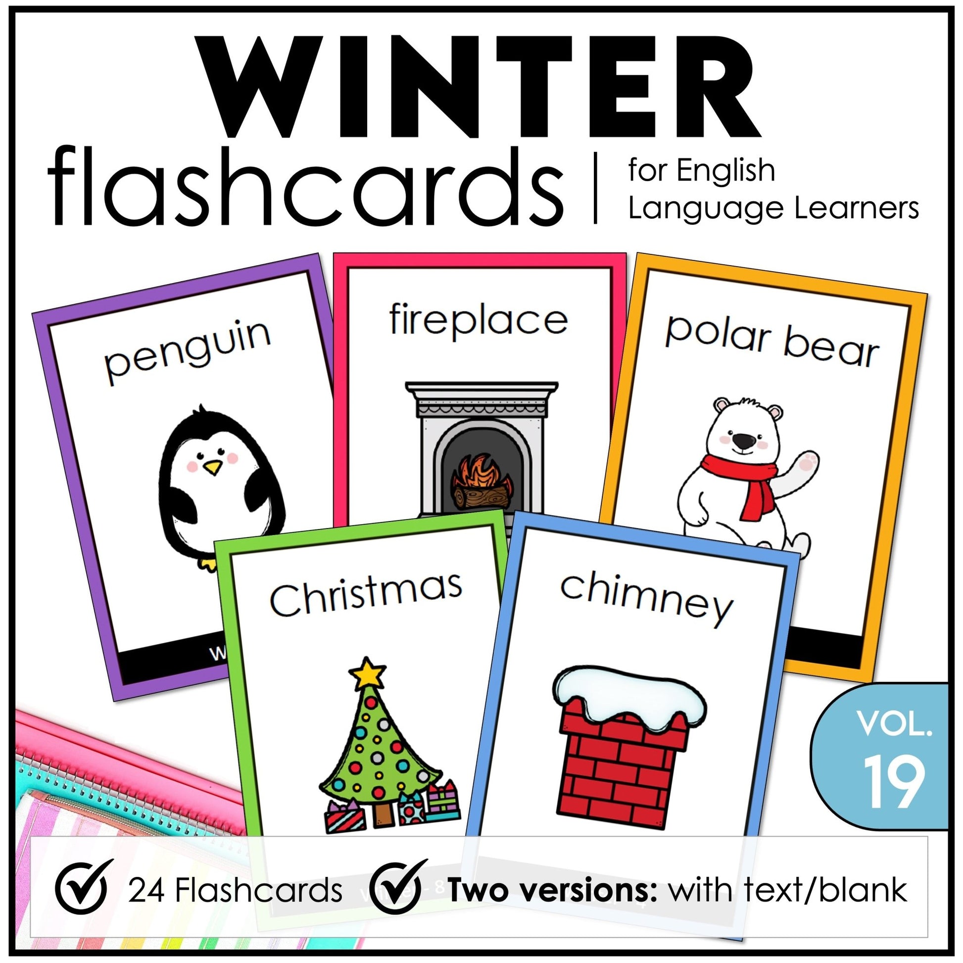 Winter Vocabulary Flashcards : ESL task cards - Flash Cards - Hot Chocolate Teachables