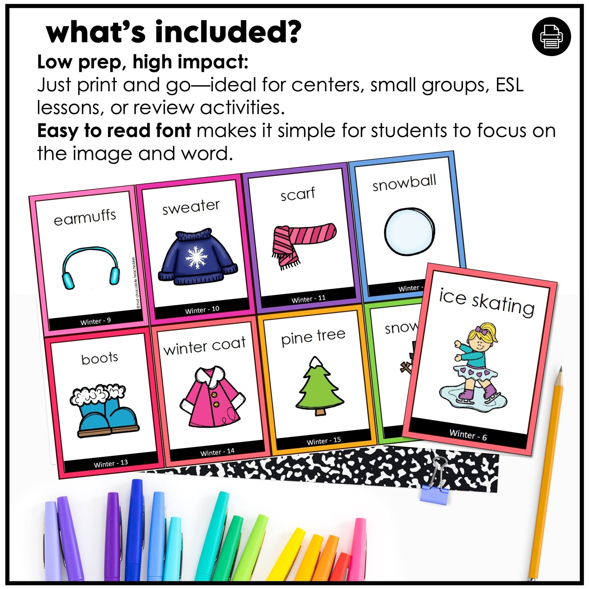 Winter Vocabulary Flashcards : ESL task cards - Flash Cards - Hot Chocolate Teachables