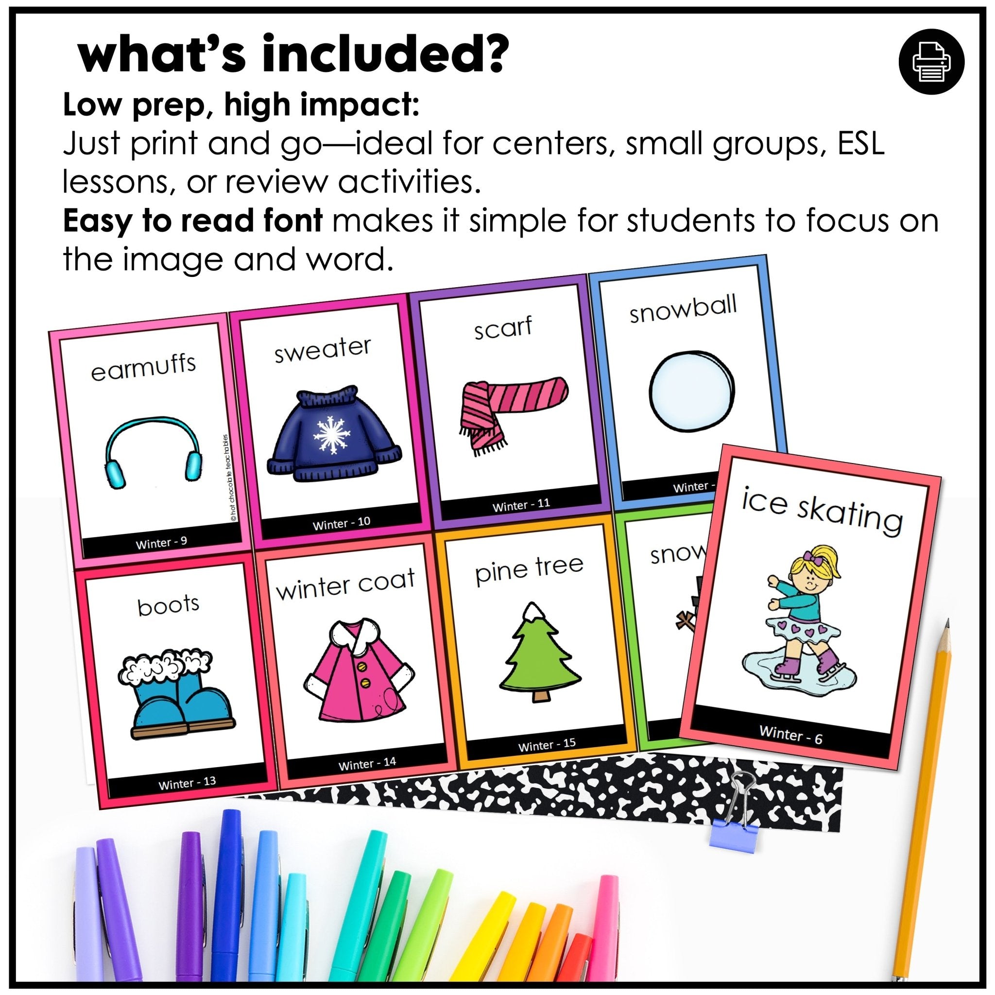 Winter Vocabulary Flashcards : ESL task cards - Flash Cards - Hot Chocolate Teachables