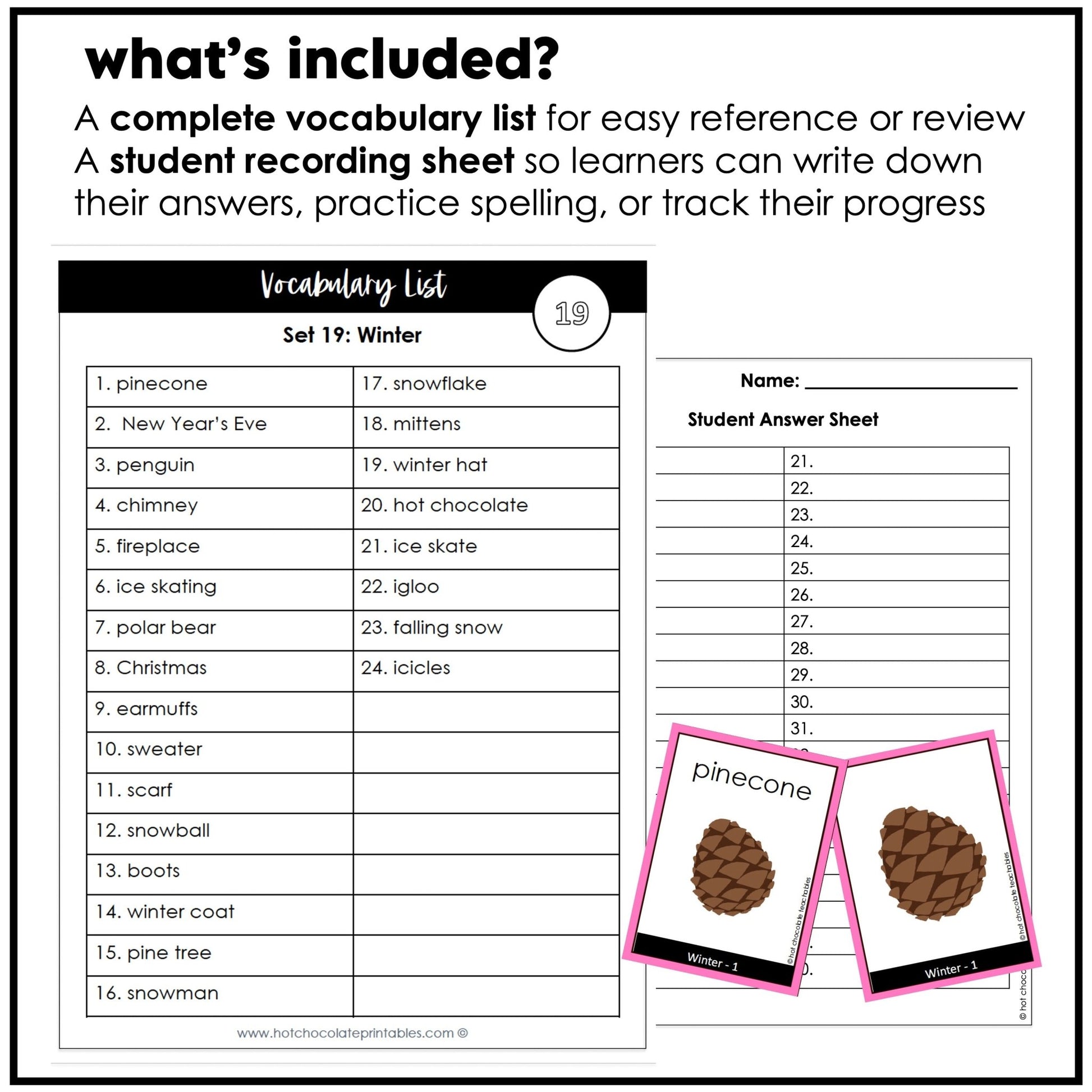 Winter Vocabulary Flashcards : ESL task cards - Flash Cards - Hot Chocolate Teachables