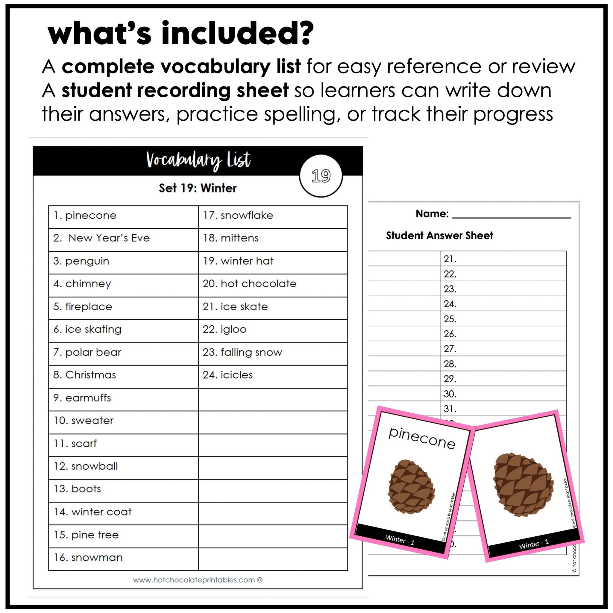 Winter Vocabulary Flashcards : ESL task cards - Flash Cards - Hot Chocolate Teachables