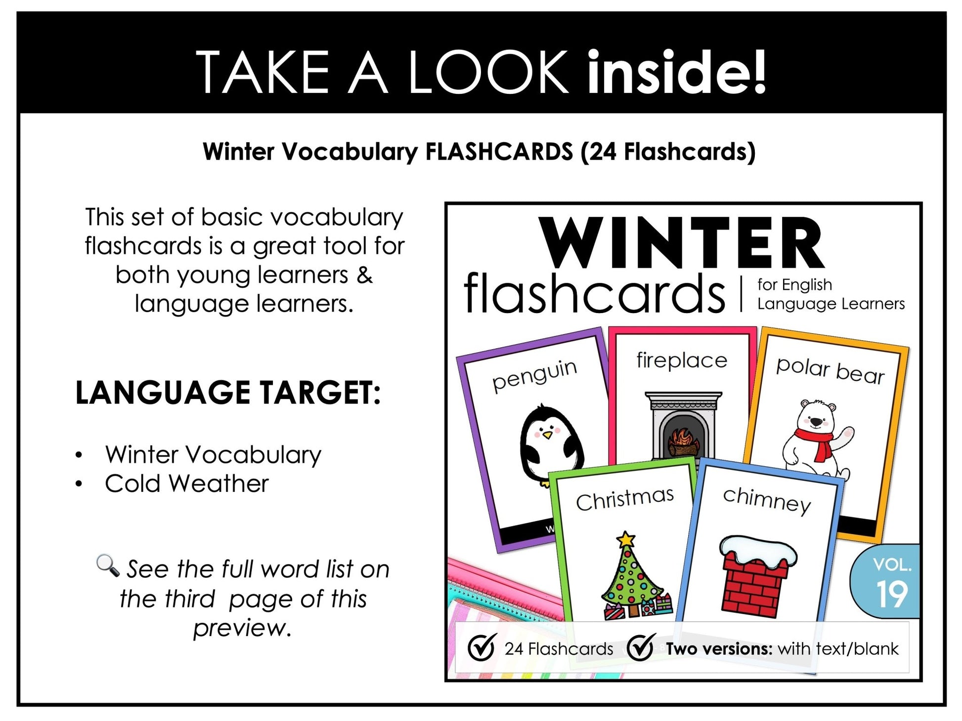 Winter Vocabulary Flashcards : ESL task cards - Flash Cards - Hot Chocolate Teachables