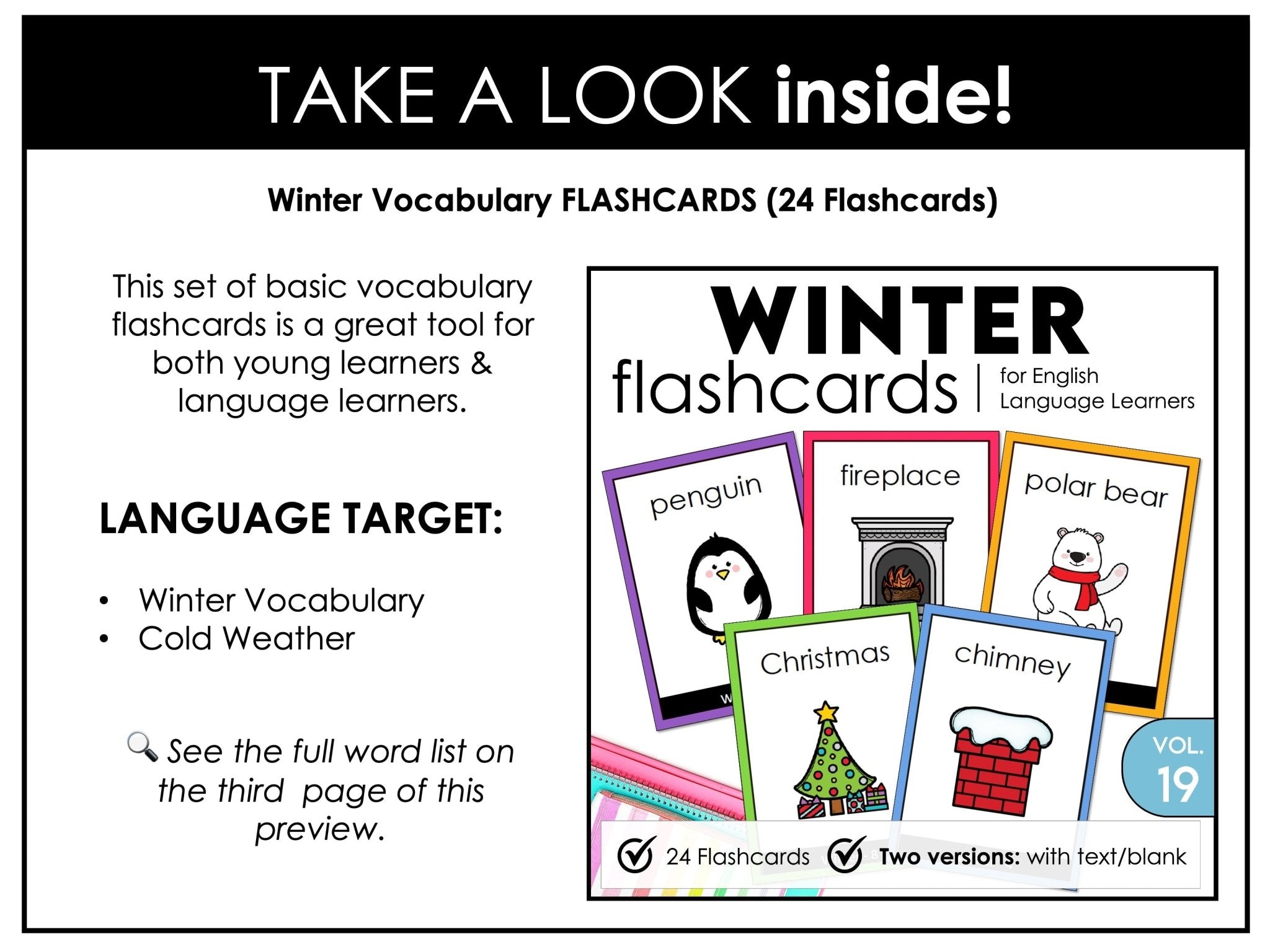 Winter Vocabulary Flashcards : ESL task cards - Flash Cards - Hot Chocolate Teachables