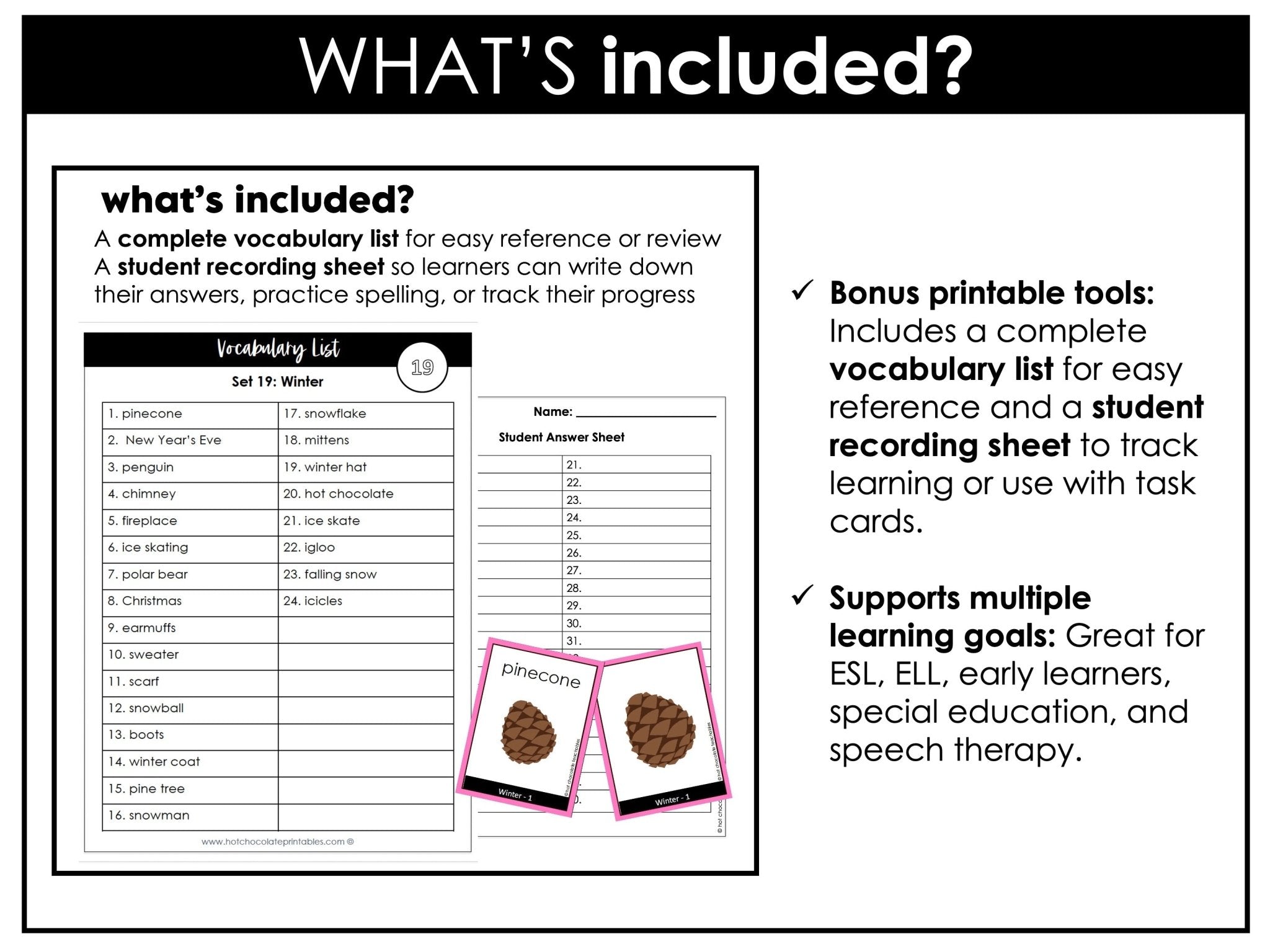Winter Vocabulary Flashcards : ESL task cards - Flash Cards - Hot Chocolate Teachables