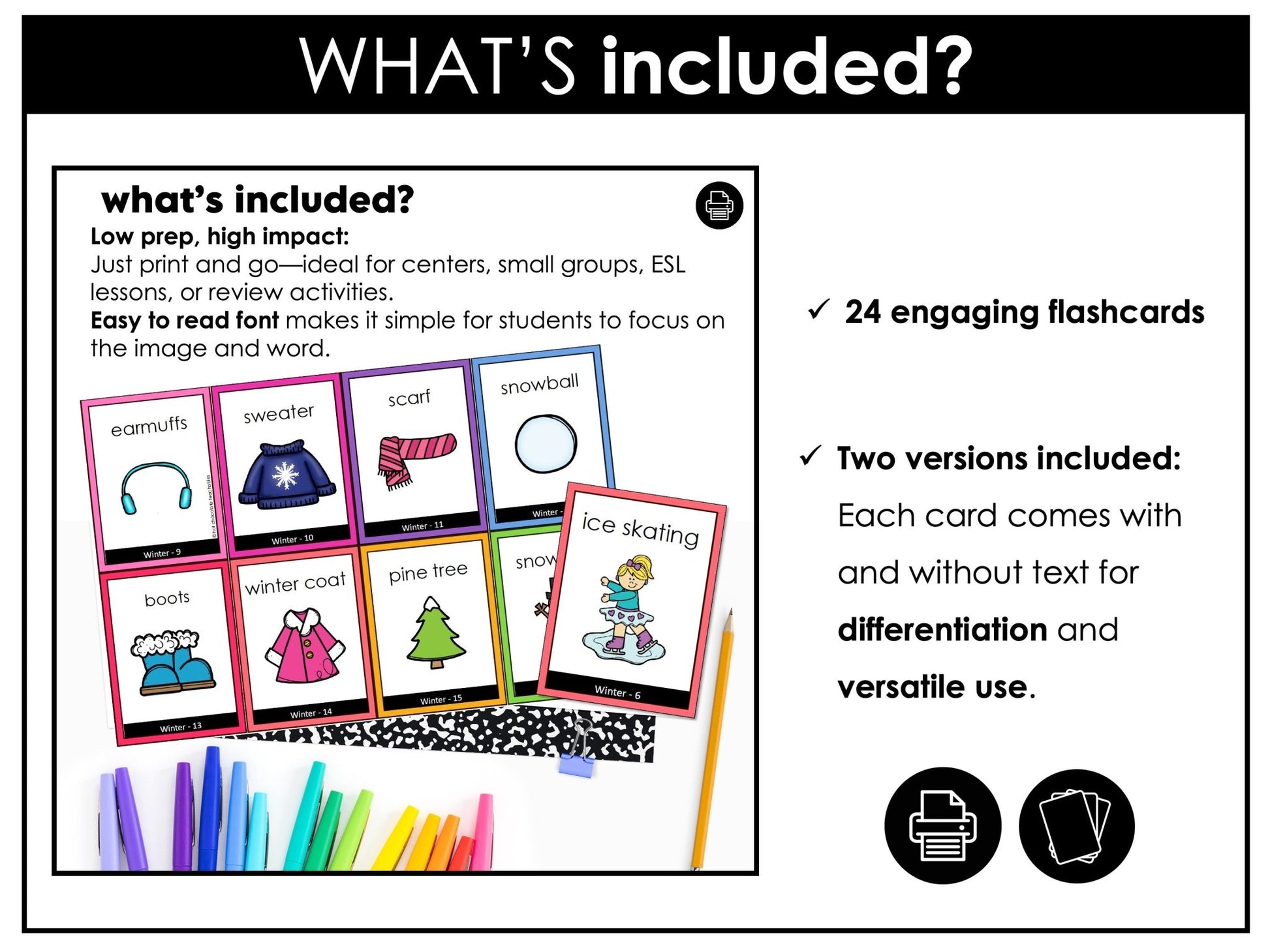 Winter Vocabulary Flashcards : ESL task cards - Flash Cards - Hot Chocolate Teachables