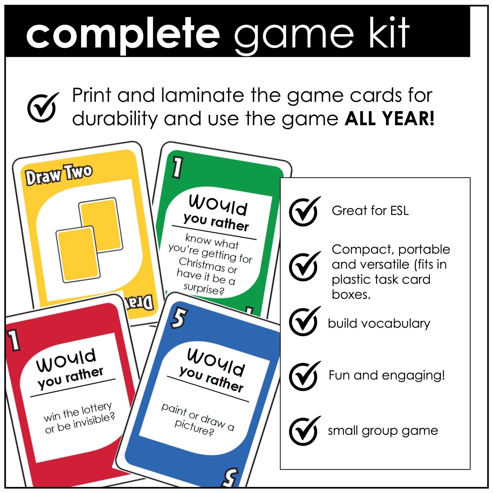 Would you rather? Question Card Game | Answering Questions & Expressing Opinions - Hot Chocolate Teachables