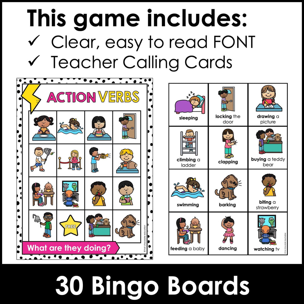 Action Verb Bingo Game - Classroom Present Tense Verb Activity & Flashcards - Hot Chocolate Teachables