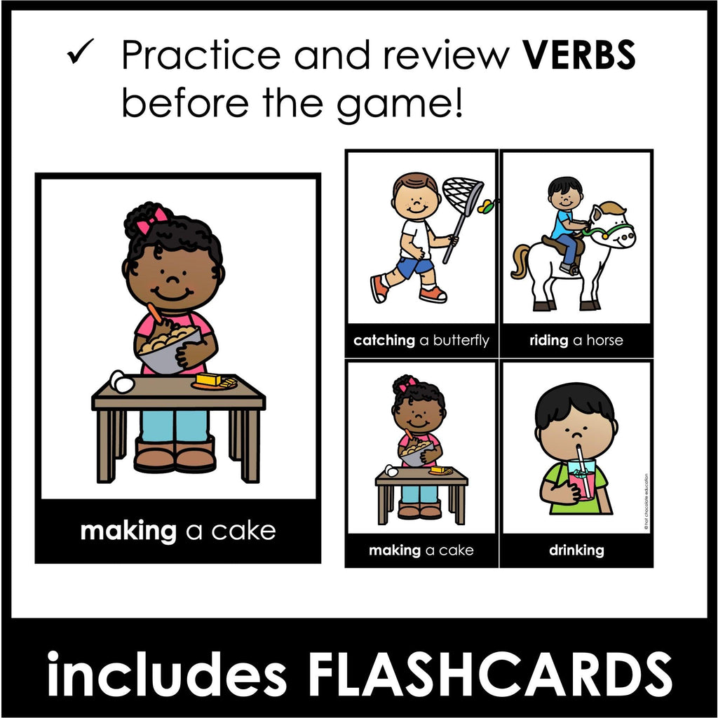 Action Verb Bingo Game - Classroom Present Tense Verb Activity & Flashcards - Hot Chocolate Teachables