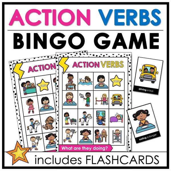 Action Verb Bingo Game - Classroom Present Tense Verb Activity & Flashcards - Hot Chocolate Teachables