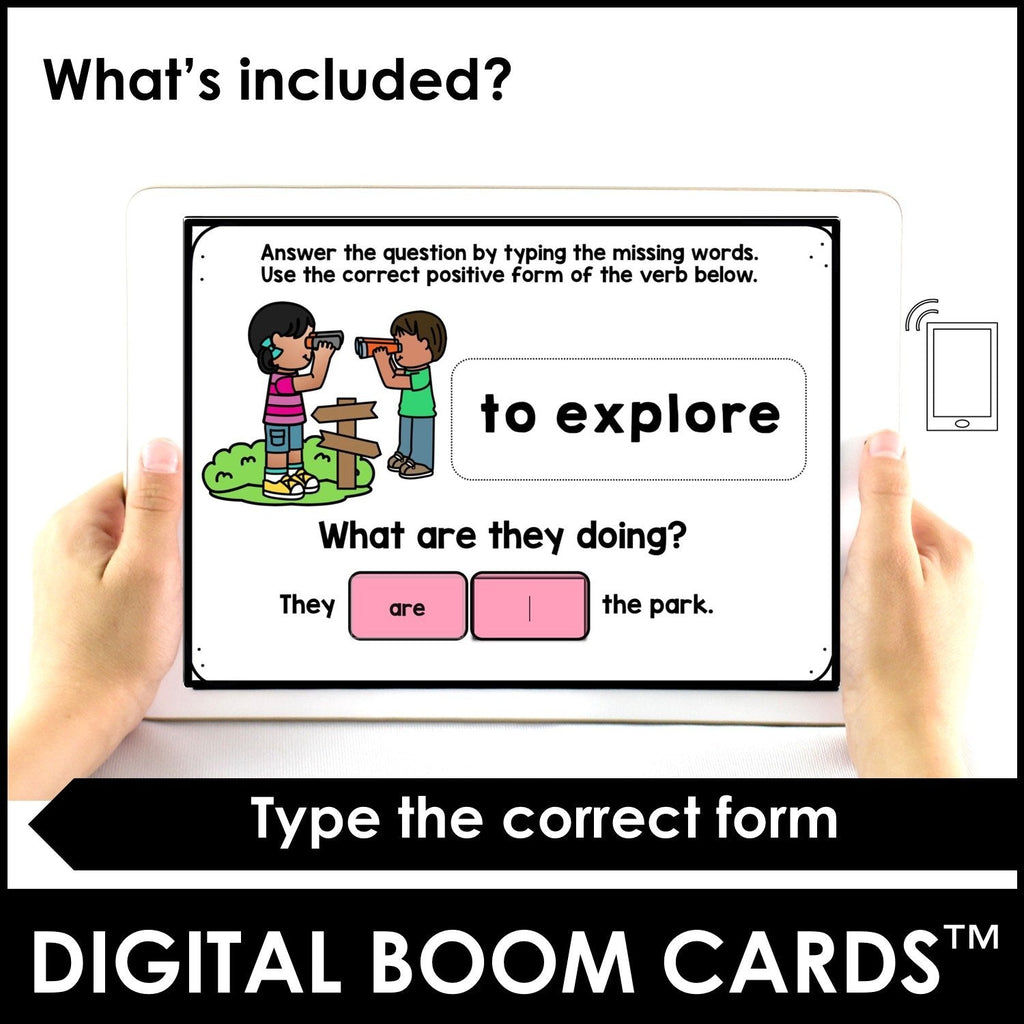 Action Verb BOOM CARDS - Sentence Building Present Progressive Tense Digital Task Cards - Hot Chocolate Teachables