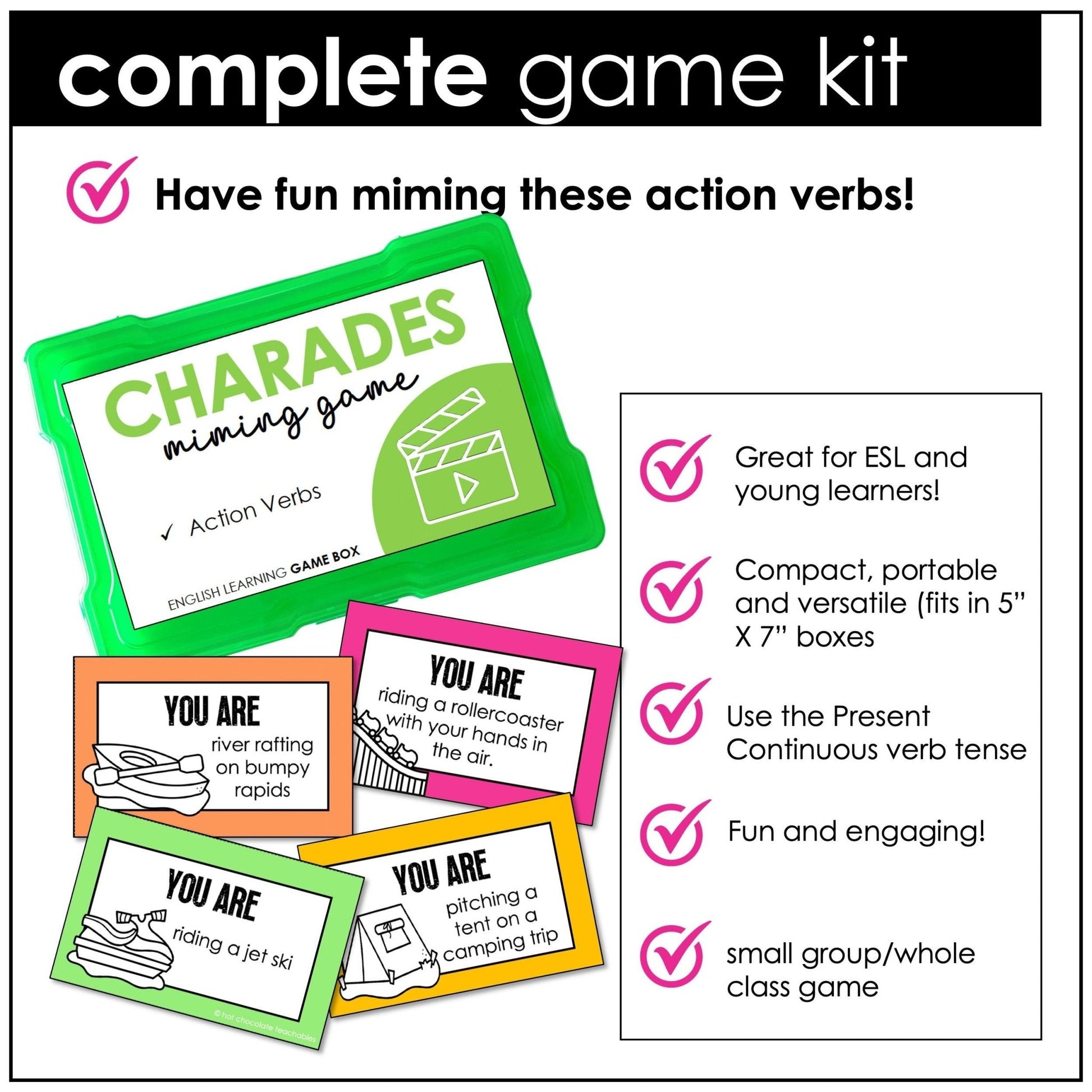 Action Verb Charades | Present Continuous Tense Miming Game Cards - Hot Chocolate Teachables