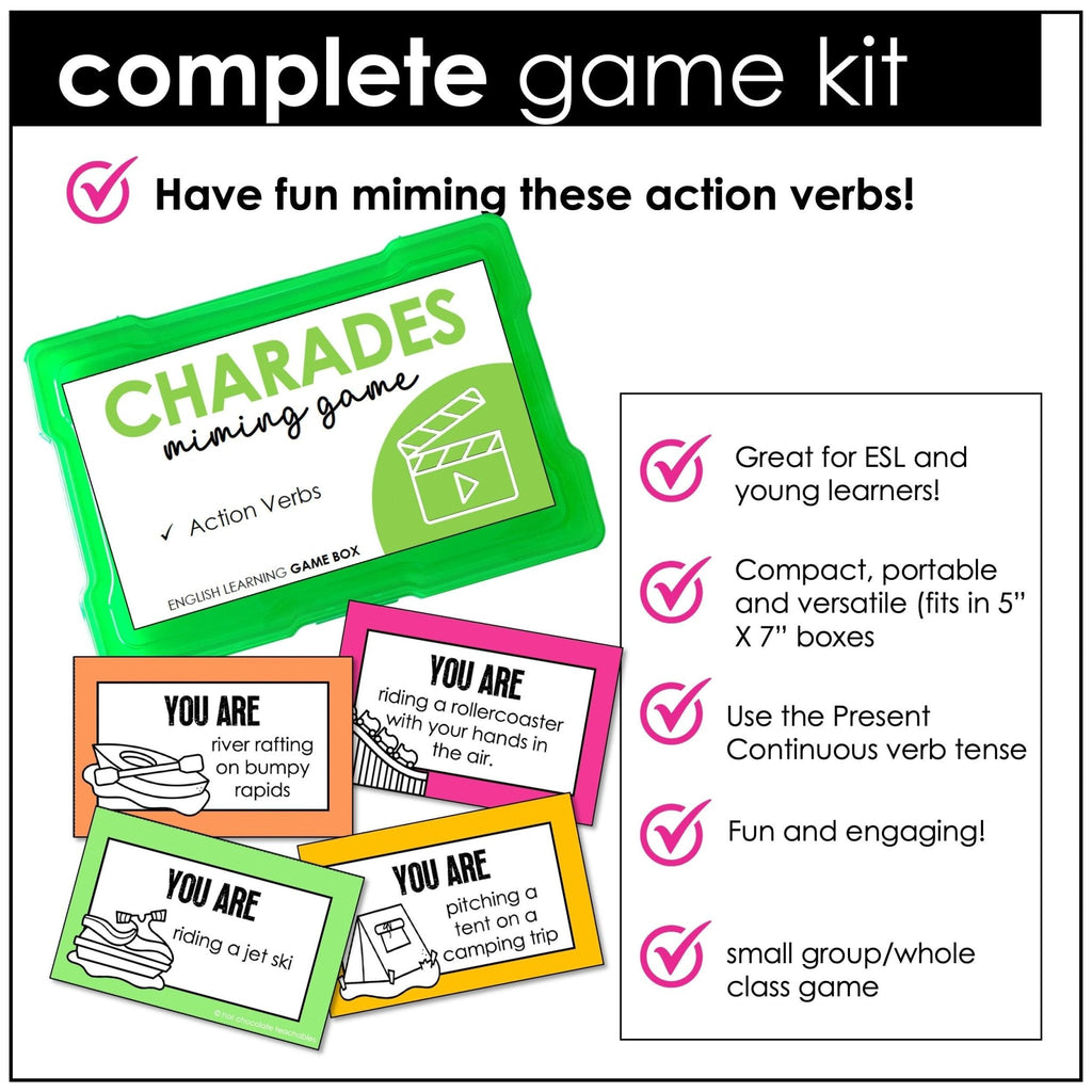 Action Verb Charades | Present Continuous Tense Miming Game Cards - Hot Chocolate Teachables