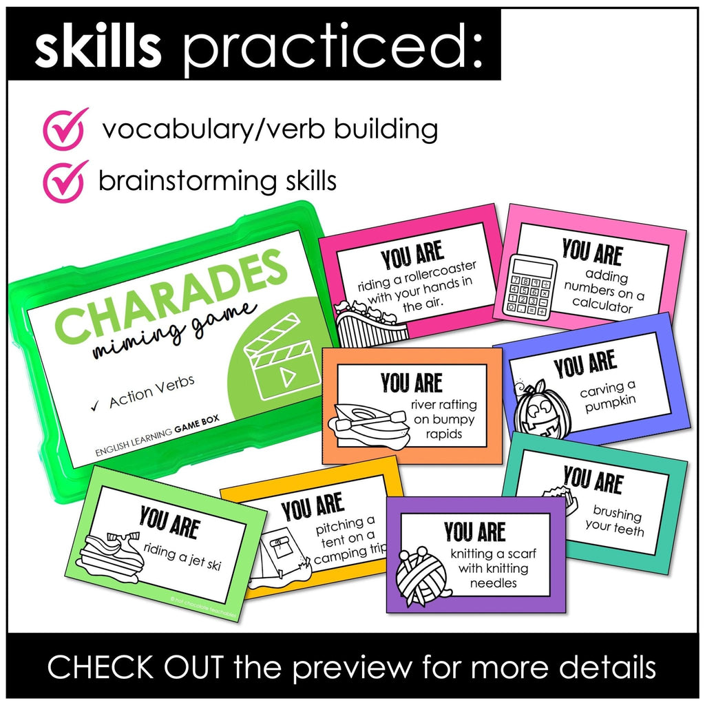 Action Verb Charades | Present Continuous Tense Miming Game Cards - Hot Chocolate Teachables