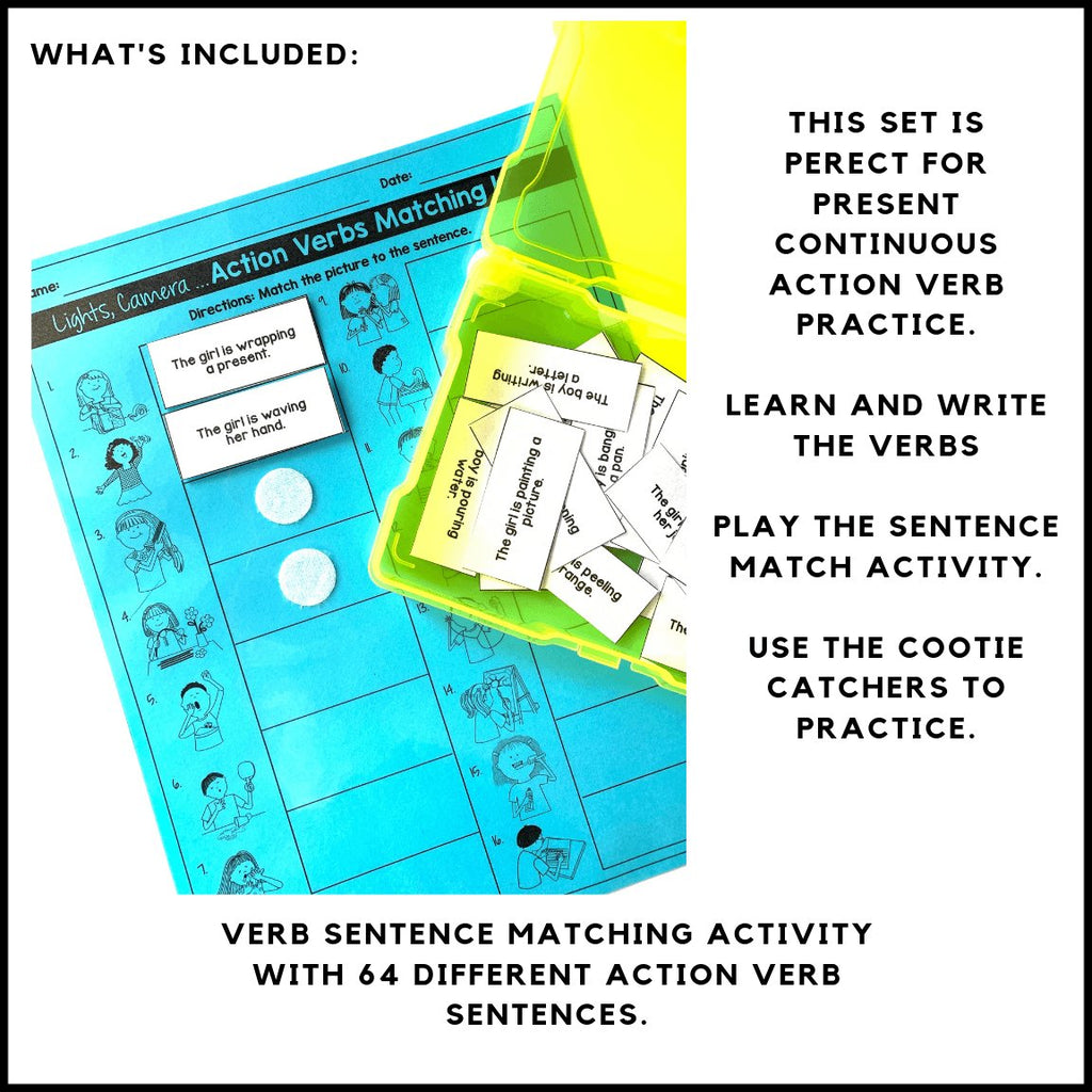 Action Verb Sentence Match + Cootie Catchers | Present Continuous Activities - Hot Chocolate Teachables