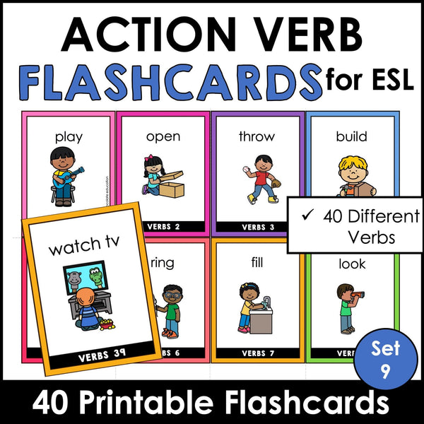 Action Verb Vocabulary Flashcards for ESL | Verb Cards with and without text - Hot Chocolate Teachables