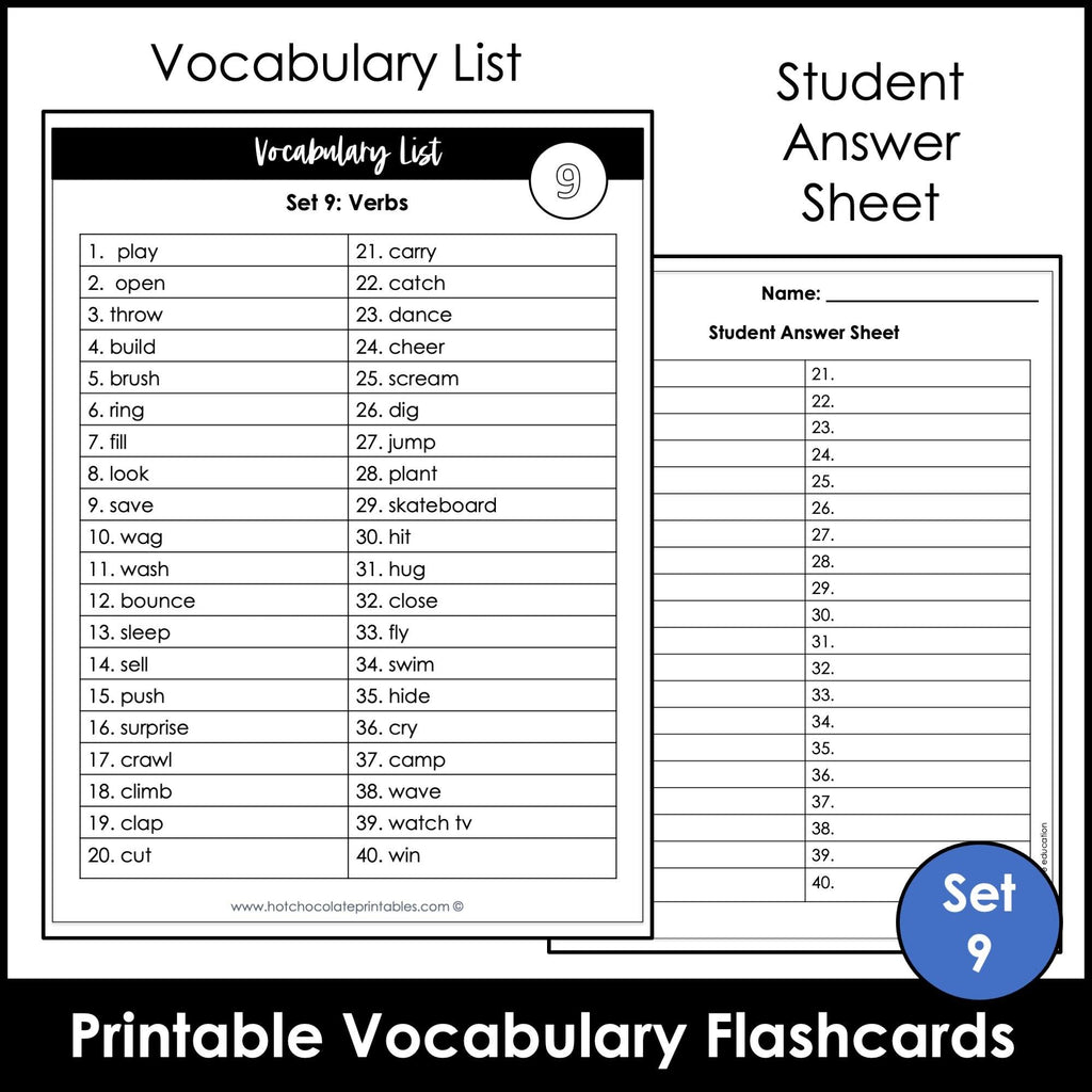 Action Verb Vocabulary Flashcards for ESL | Verb Cards with and without text - Hot Chocolate Teachables