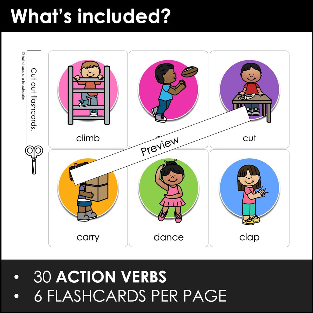 Action Verbs Flashcards | Editable Verb Activity Cards for ESL EFL ELA - Hot Chocolate Teachables