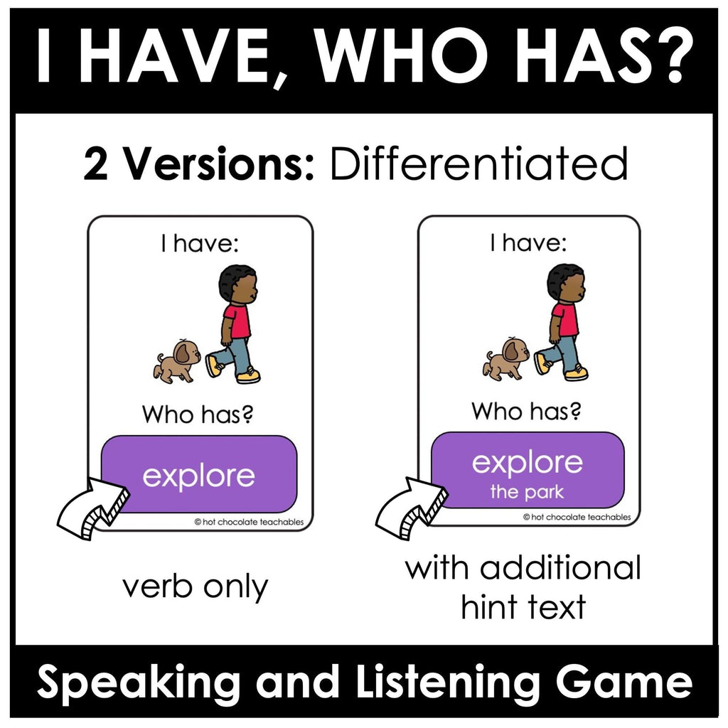 Action Verbs - I have, Who has? Card Game for ESL / EFL /ELL - Hot Chocolate Teachables