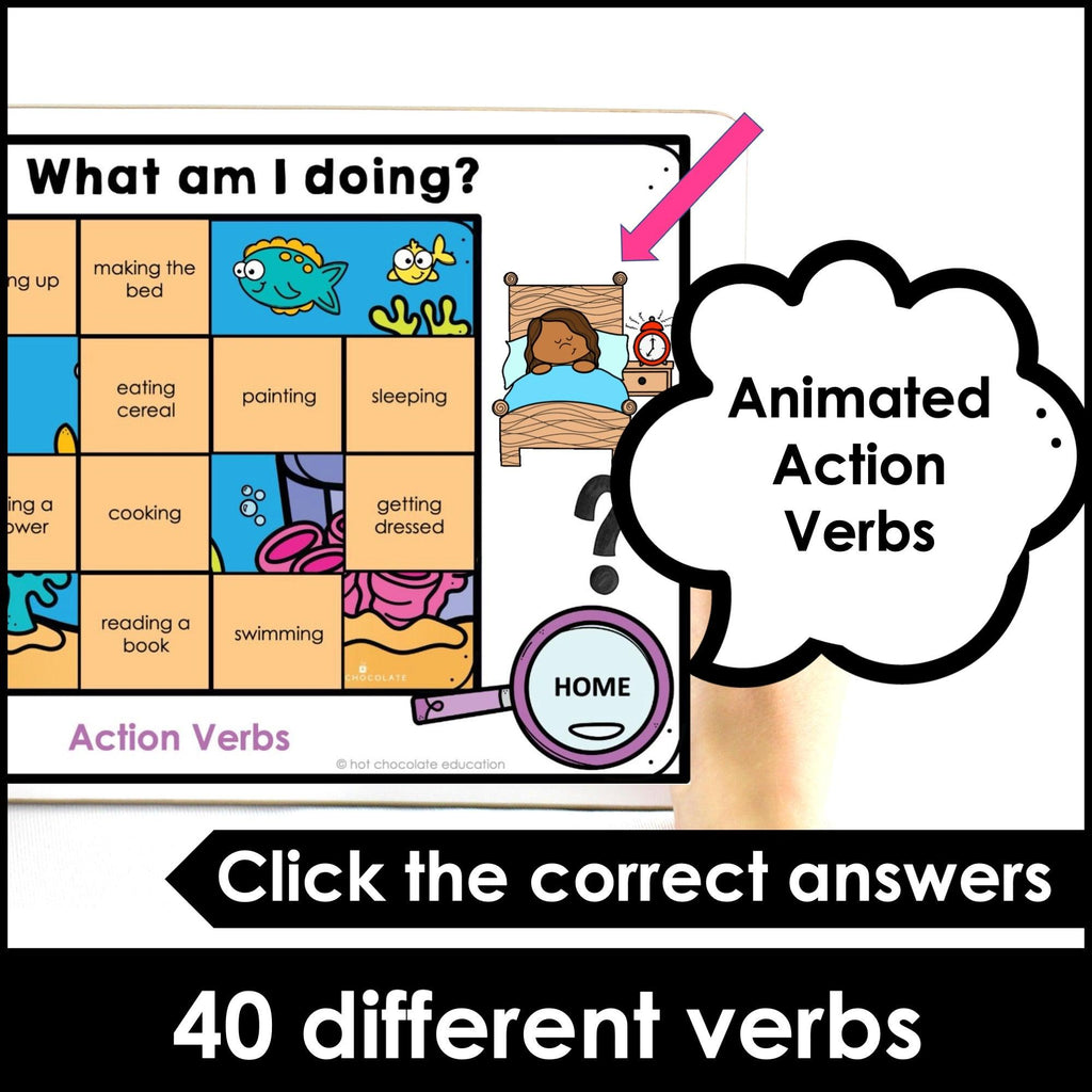 Action Verbs with -ing endings - Present Continuous BOOM CARDS - Hot Chocolate Teachables