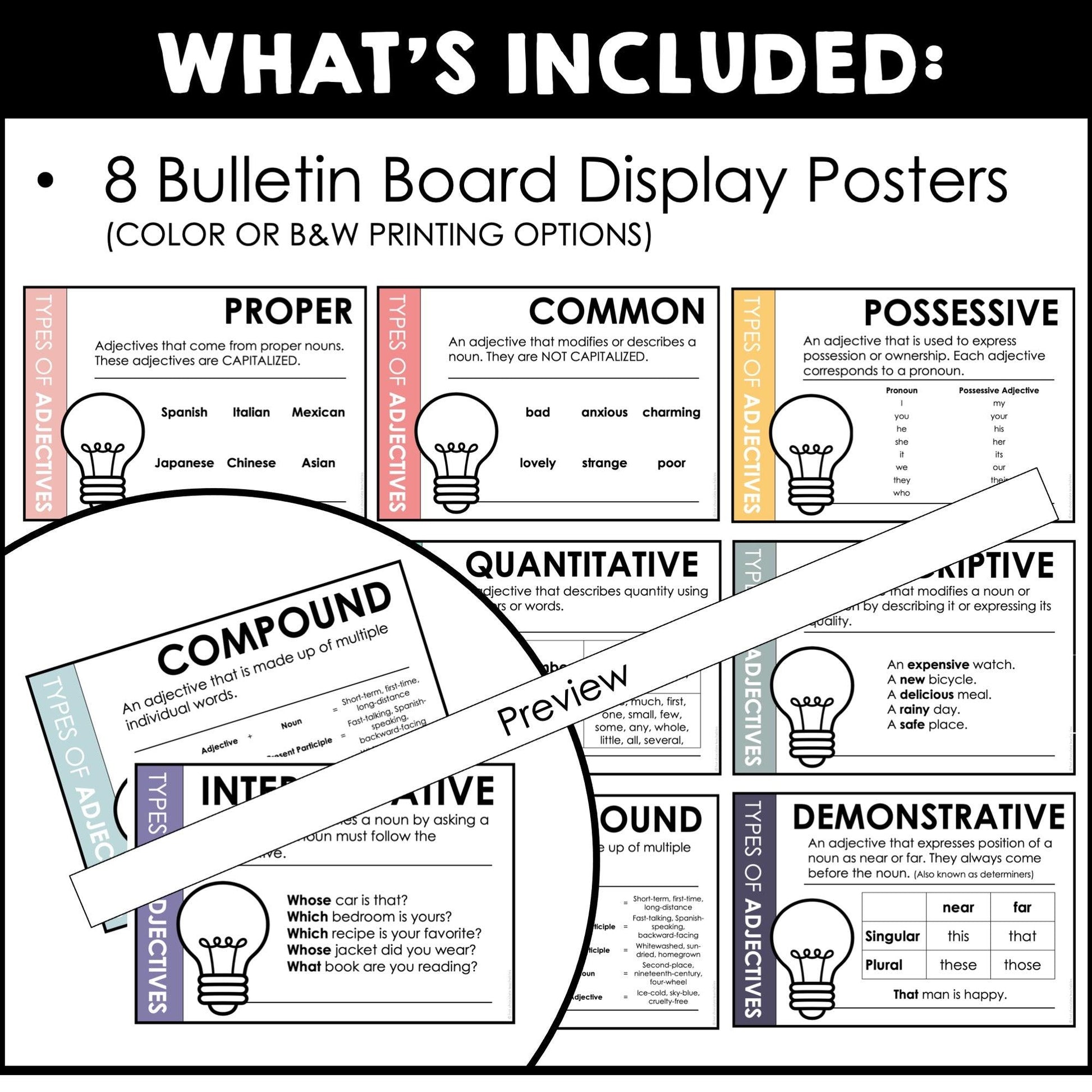 Adjective Types Bulletin Board Posters (Neutral) - Hot Chocolate Teachables