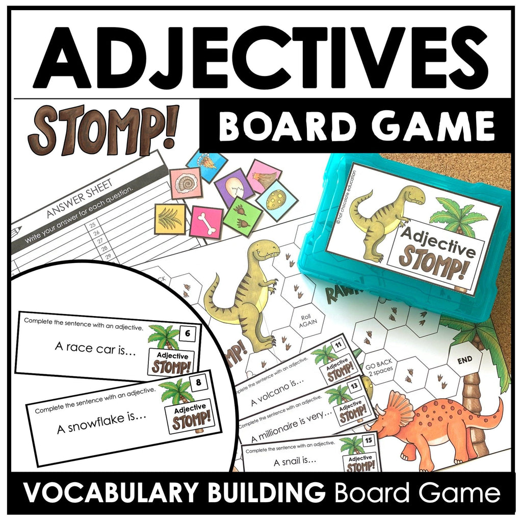 Adjectives Board Game with Gap-Fill Question Cards for ESL / EFL /ELL - Hot Chocolate Teachables